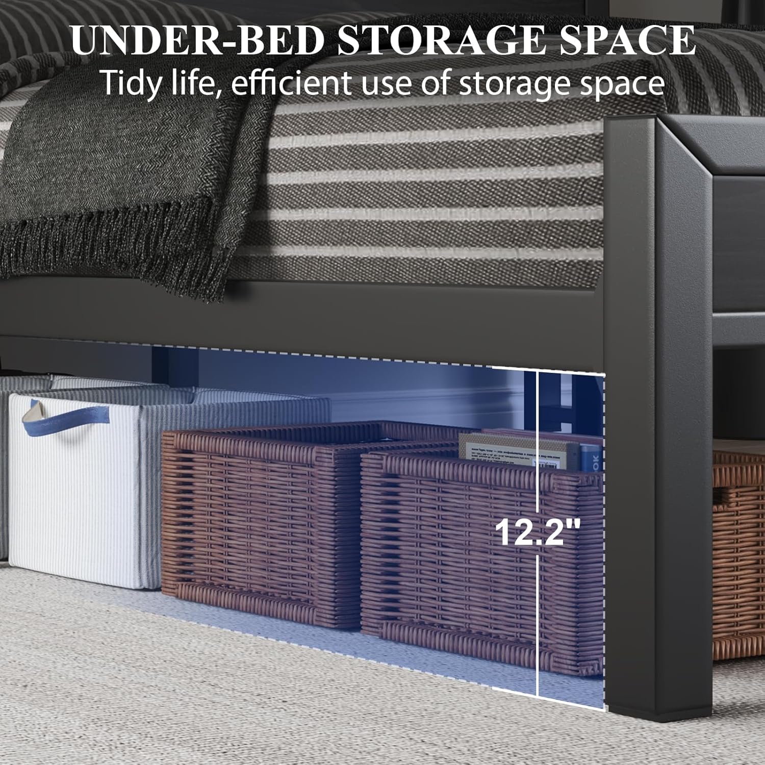 Full Size Bed Frame with Storage Headboard, Industrial Platform Bed with Charging Station and LED Lights, Heavy Duty Metal Slats, No Box Spring Need, Noise Free, Black