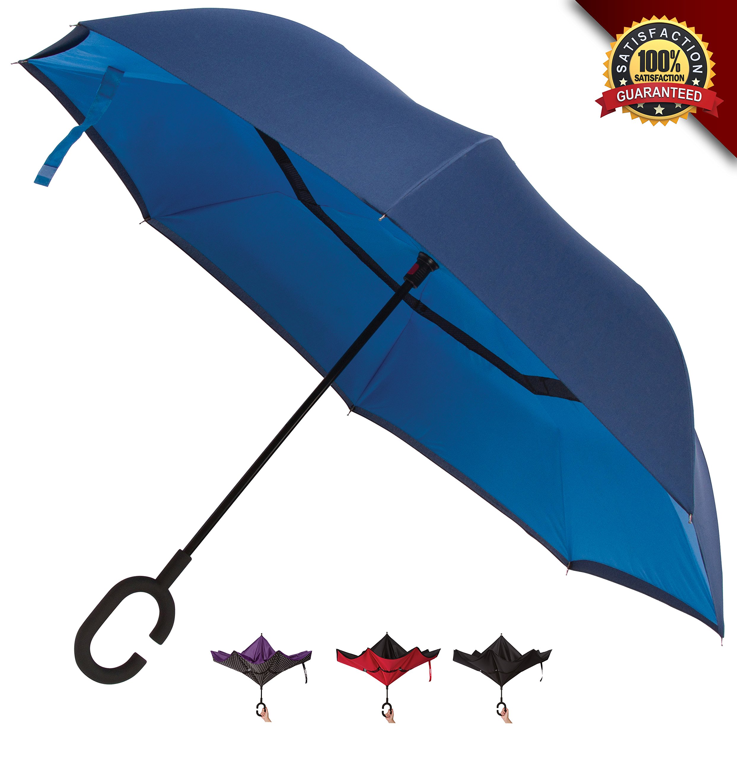 Double Layer Inverted Umbrellas - Windproof Reverse Folding Umbrella for Cars with UV Protection with C-Shaped Handle - Travel for Outdoor Rain & Sun with Carrying Pouch