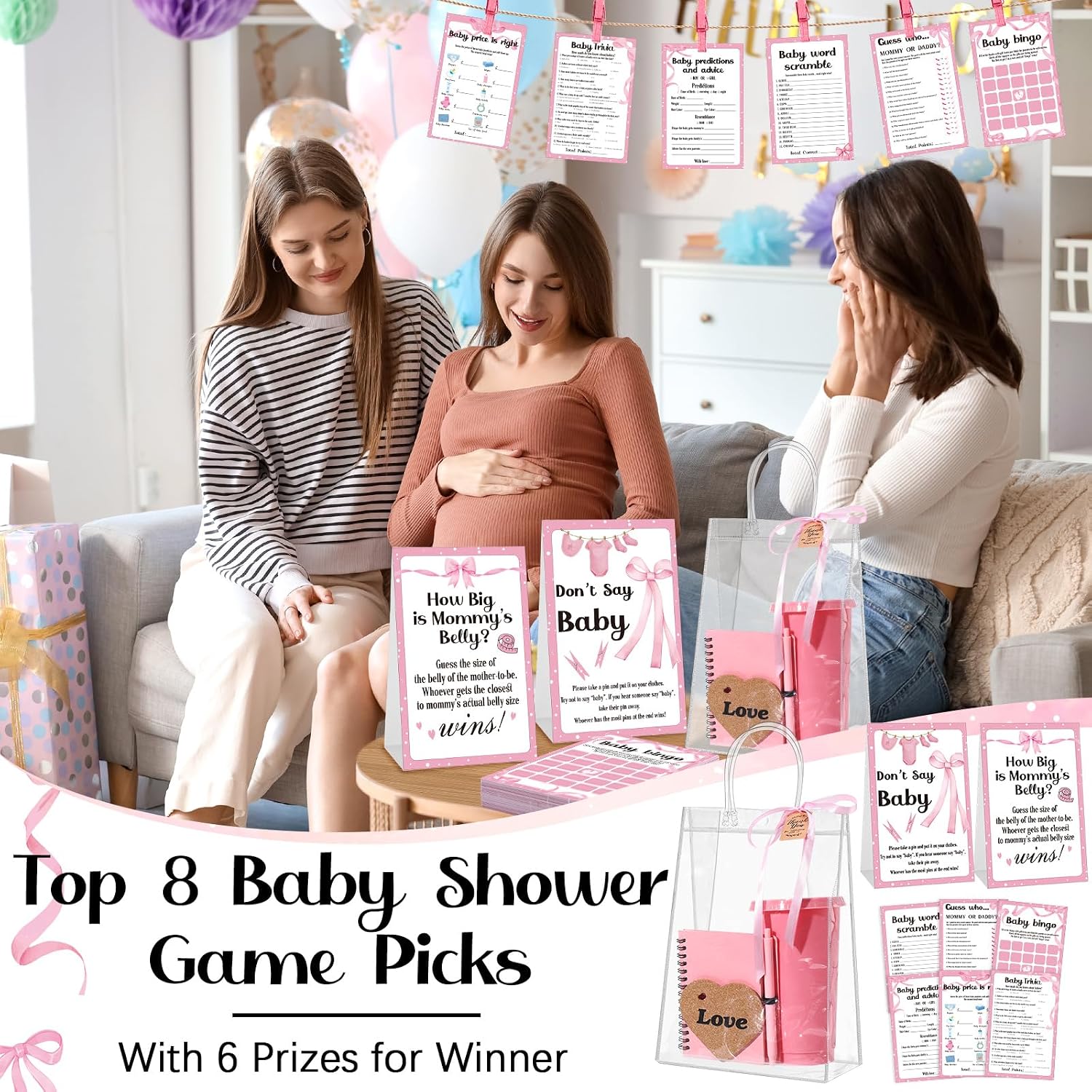 461 Pcs Funny Baby Shower Games with Prizes for Guests Game Player Winners Gifts Include Plastic Tumbler Notebook Ballpoint Pen Gift Bag, All in One Set(Pink)