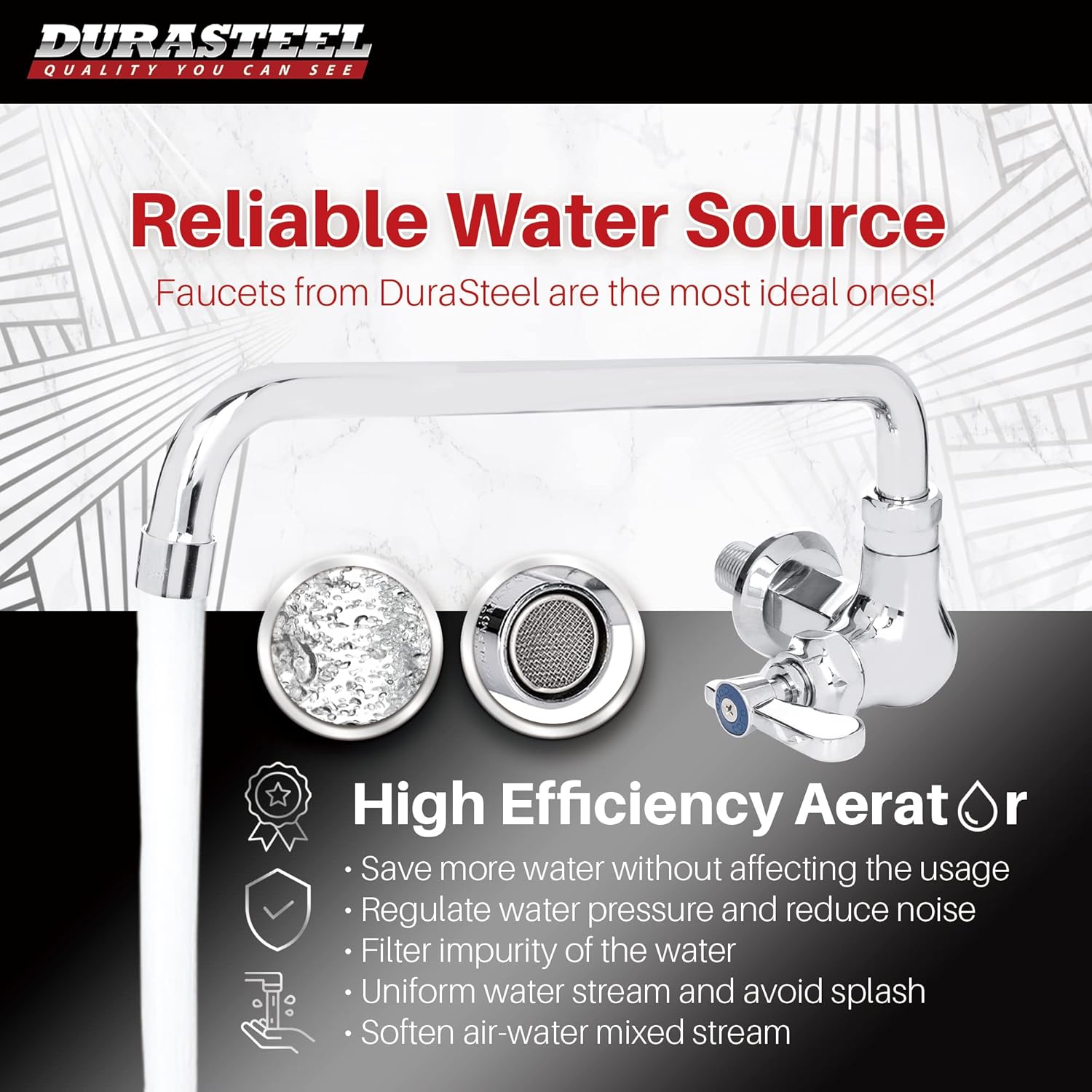 DuraSteel Wall Mounted Commercial Kitchen Wok Range Faucet with 14-Inch Swivel Spout - Single Hole Body & Handle - Brass Constructed & Chrome Polished