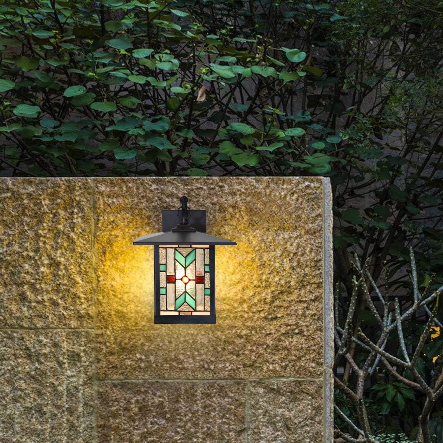 WL0003 Tiffany Style Outdoor Wall Light Fixture Stained Glass Exterior Waterproof Wall Sconce Lamps for Balcony Aisle Hallway 9X11X11 Inches, Bulb Included (Turquoise Blue)