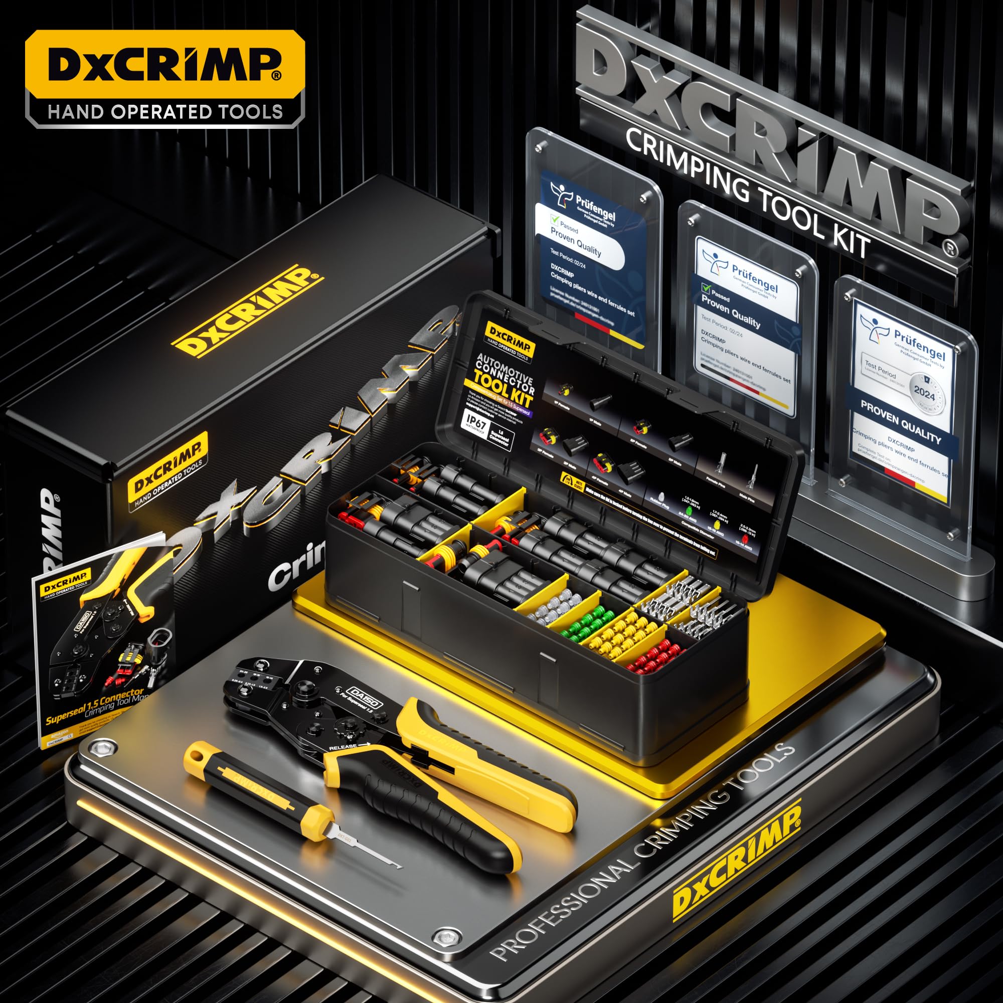 DxCRIMP Kit Crimpatura Auto con Connettori Impermeabili 2.8mm 1,2,3,4 Poli - Pinza a Cricchetto per Terminali 24-14 AWG (0.2-2.5mm²), Include Estrattori e Set Connettori