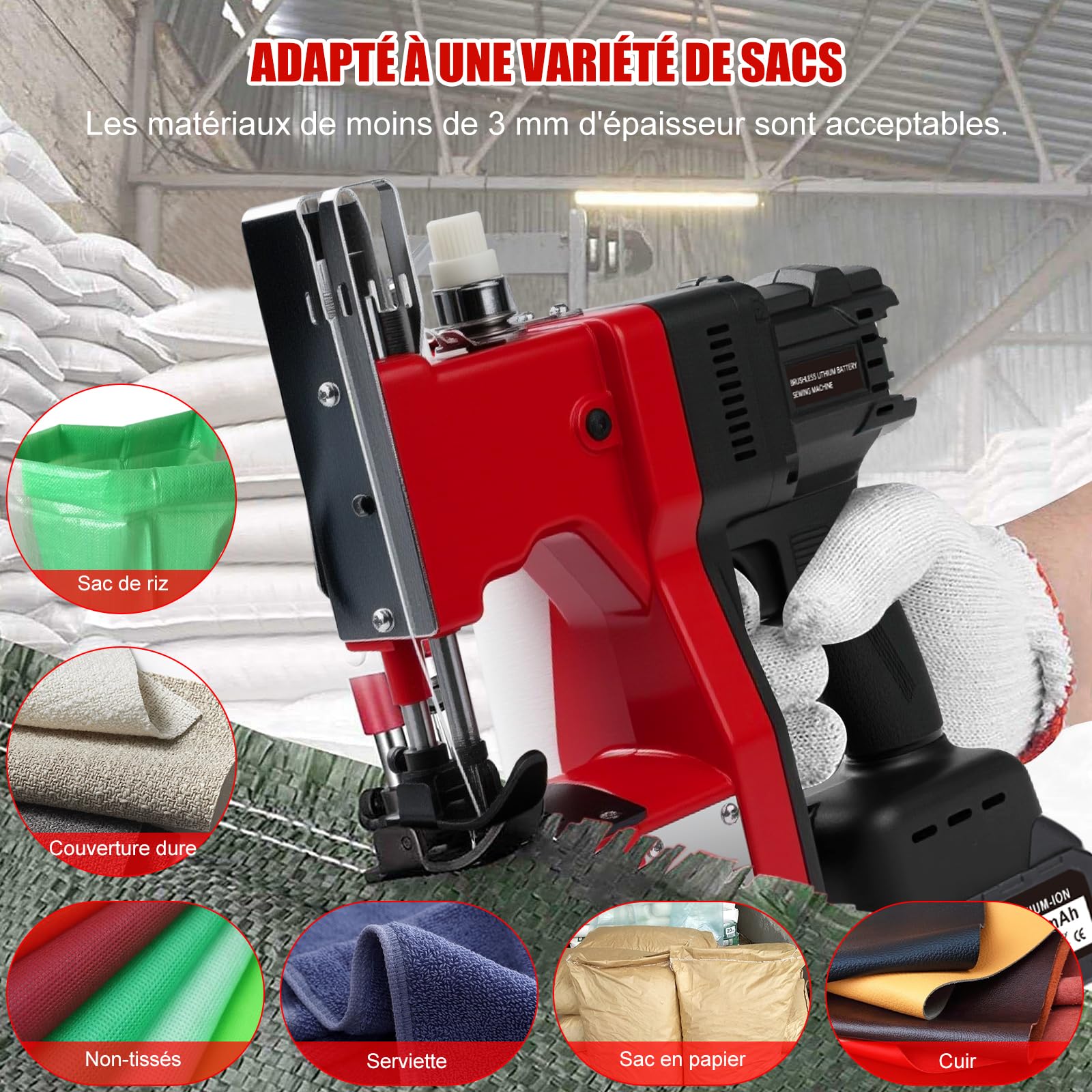 Machine à Coudre Électrique pour Sacs, 21V Machine de Fermeture de Sac avec 2 Batteries 1300mAh, 210W Portable Sac Machine à Coudre Sans Fil, Épaisseur 0,2-10 mm, pour Sacs en Tissu, à Sable, en Jute