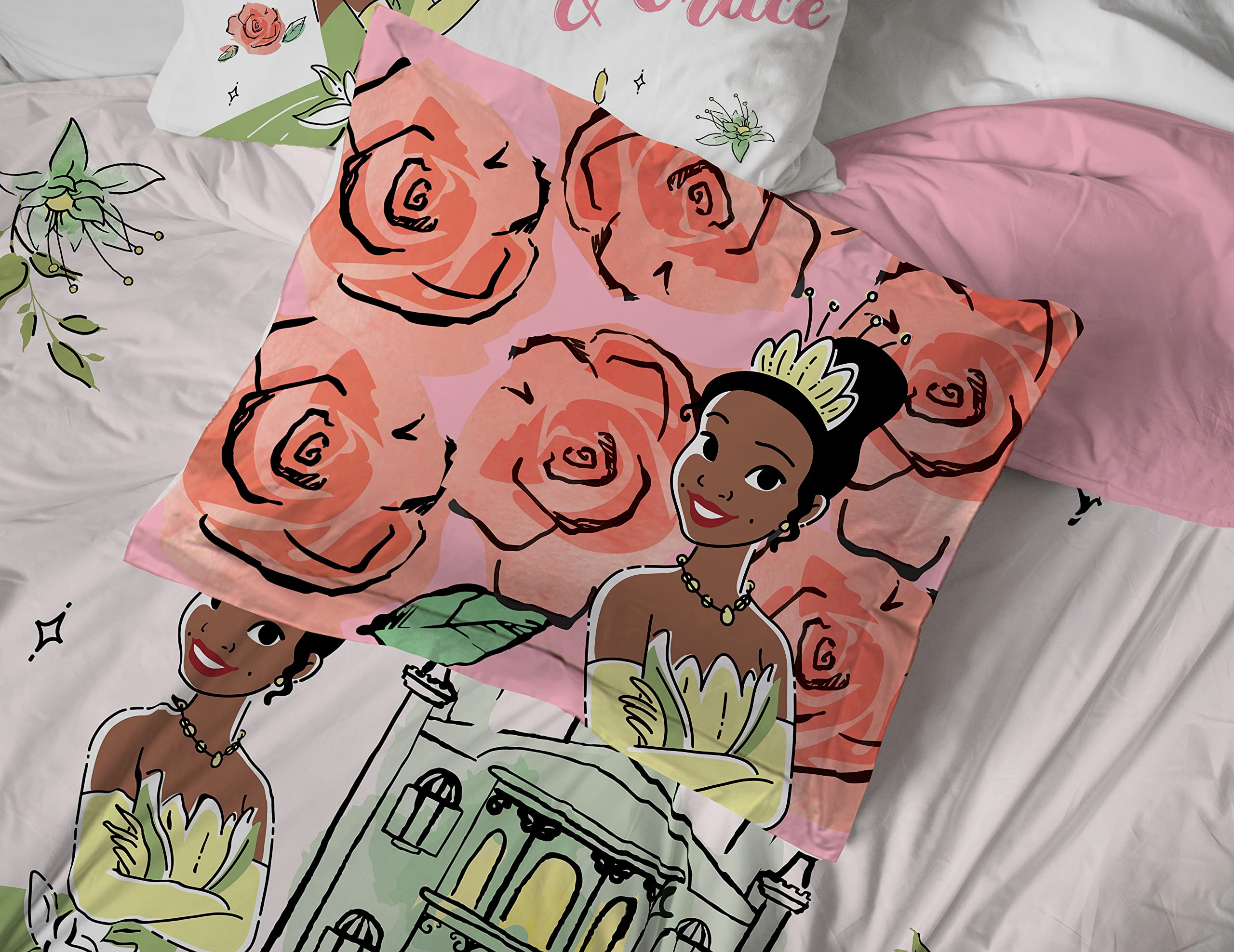 Jay Franco The Princess and The Frog Beauty & Grace 5 Piece Twin Size Bed Set - Includes Comforter & Sheet Set Featuring Tiana - Super Soft Bedding Fade Resistant Microfiber (Official Product)