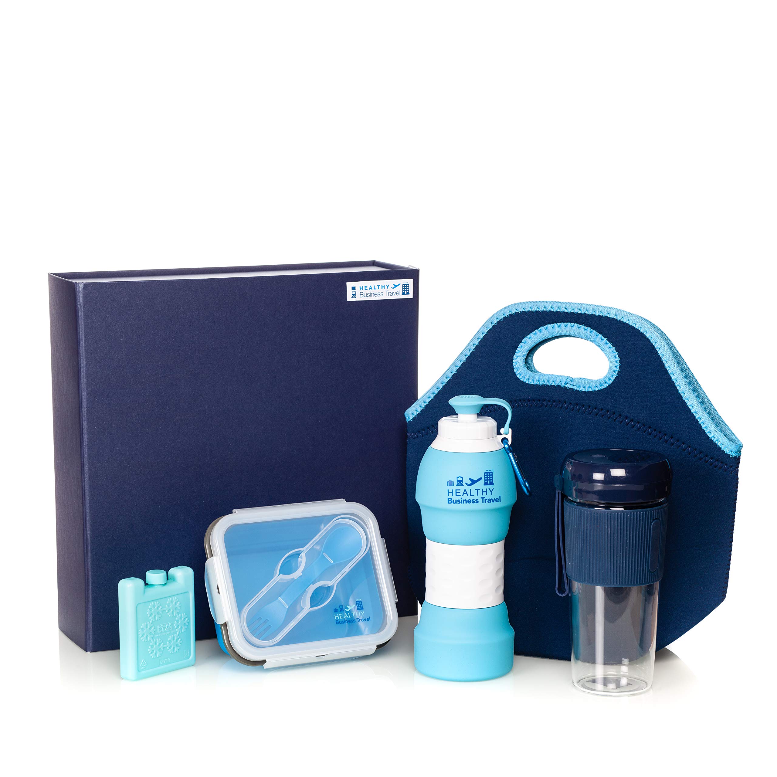 Caja de regalo corporativa saludable para los viajeros, incluye bolsa térmica térmica, exprimidor de frutas portátil, botella de agua plegable, contenedores de alimentos plegables, mini bloques de