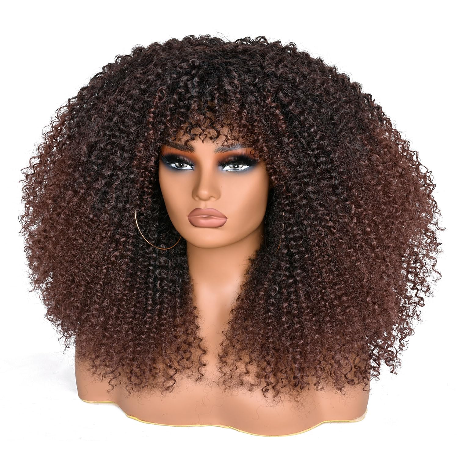 Lizzyhair Afro Wigs for Black Women 18 Inch Curly Bomb Wig with Bangs Synthetic Fiber Glueless Long Kinky Curly Hair Wig for Daily Party (Dark Brown) - Image 2