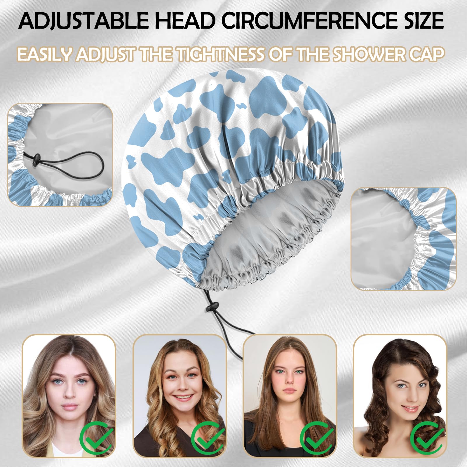 Deokke 2 PCS Shower Cap Reusable Large Waterproof Adjustable Double Layer Elastic Dry Hair Bathing Caps Aesthetic Cute for Women Girls (Q4-Blue Gray) - Image 4