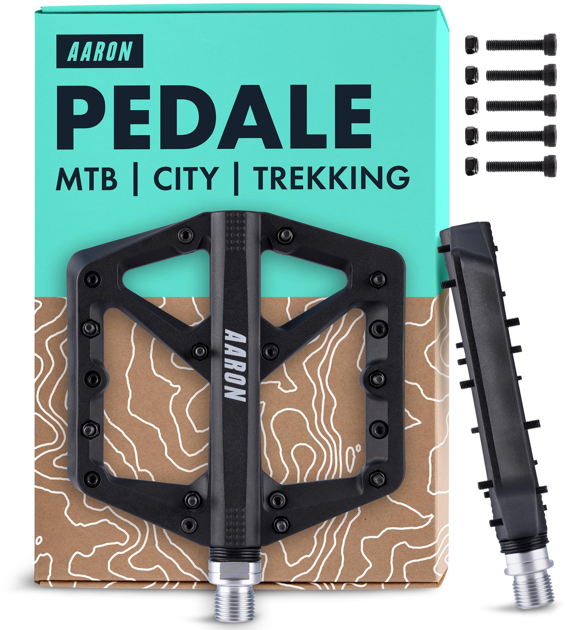 AARON Dirt MTB Pedale aus ultraleichten Nylonfasern mit abgedichtetem Industrie-Kugellager - rutschfest durch 8 austauschbare Pins - Plattform Fahrradpedale für Dirtbike, E-Bike, Downhill, Trekking