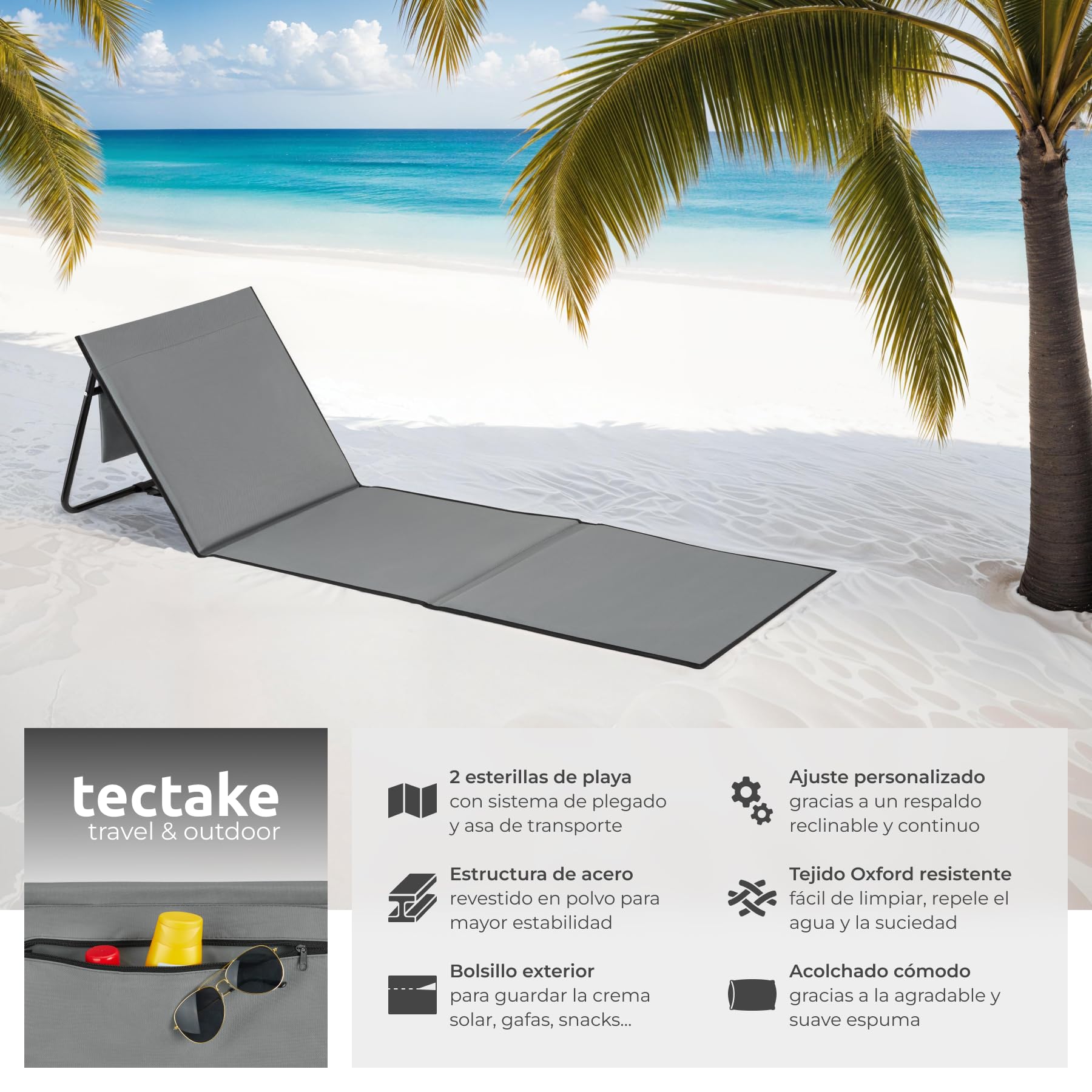 tectake® Set de 2 Esterillas de Playa Plegables con Respaldo Ajustable, Tumbona Plegable Ligera, Tumbona Playa con Asa de Transporte y Relleno de Espuma, Tumbonas Jardín Exterior, Piscina, Camping