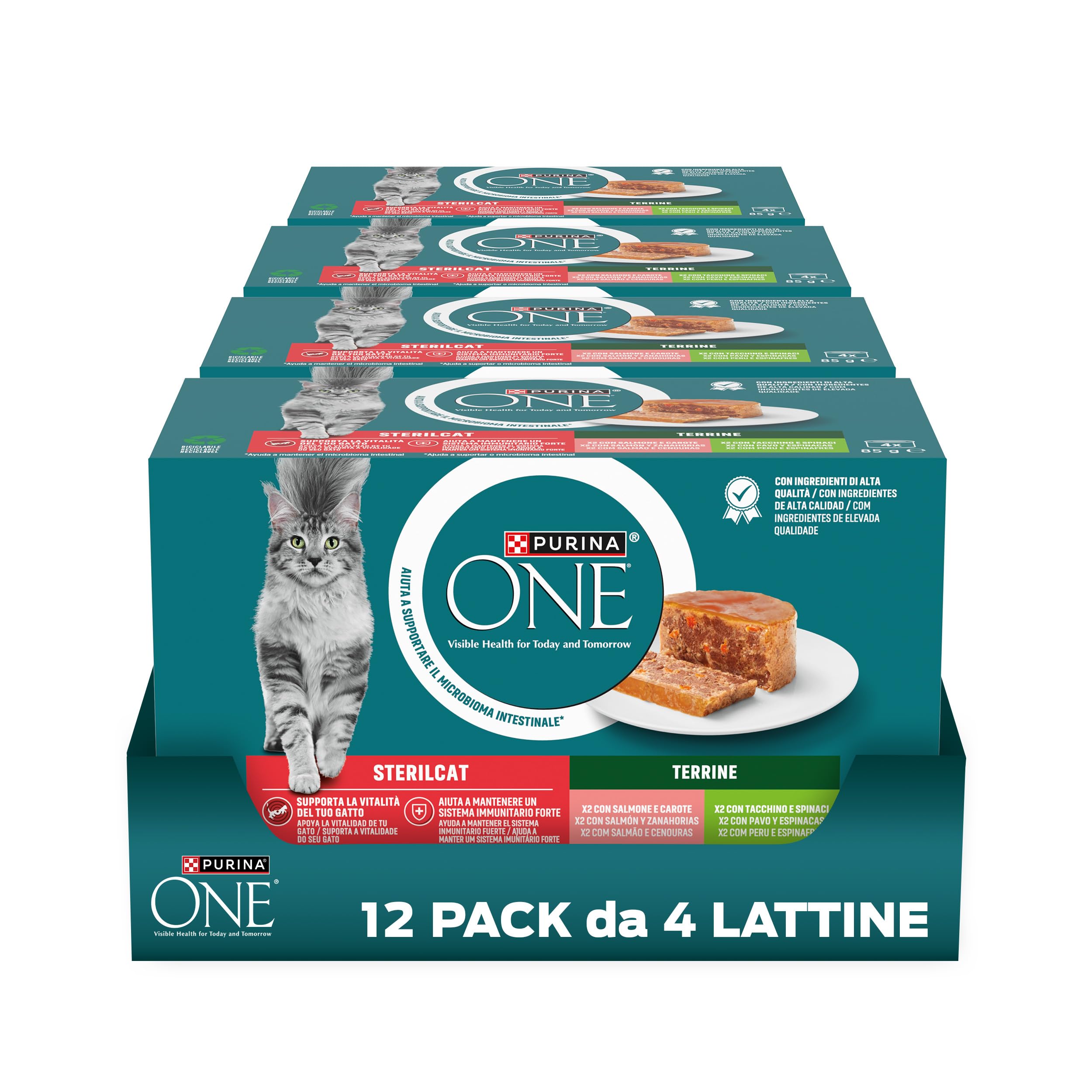 Purina One Sterilcat Filettini in salsa Cibo Umido per Gatti Sterilizzati con Tacchino e Spinaci, Salmone e Carote, 48 Lattine da 85 g