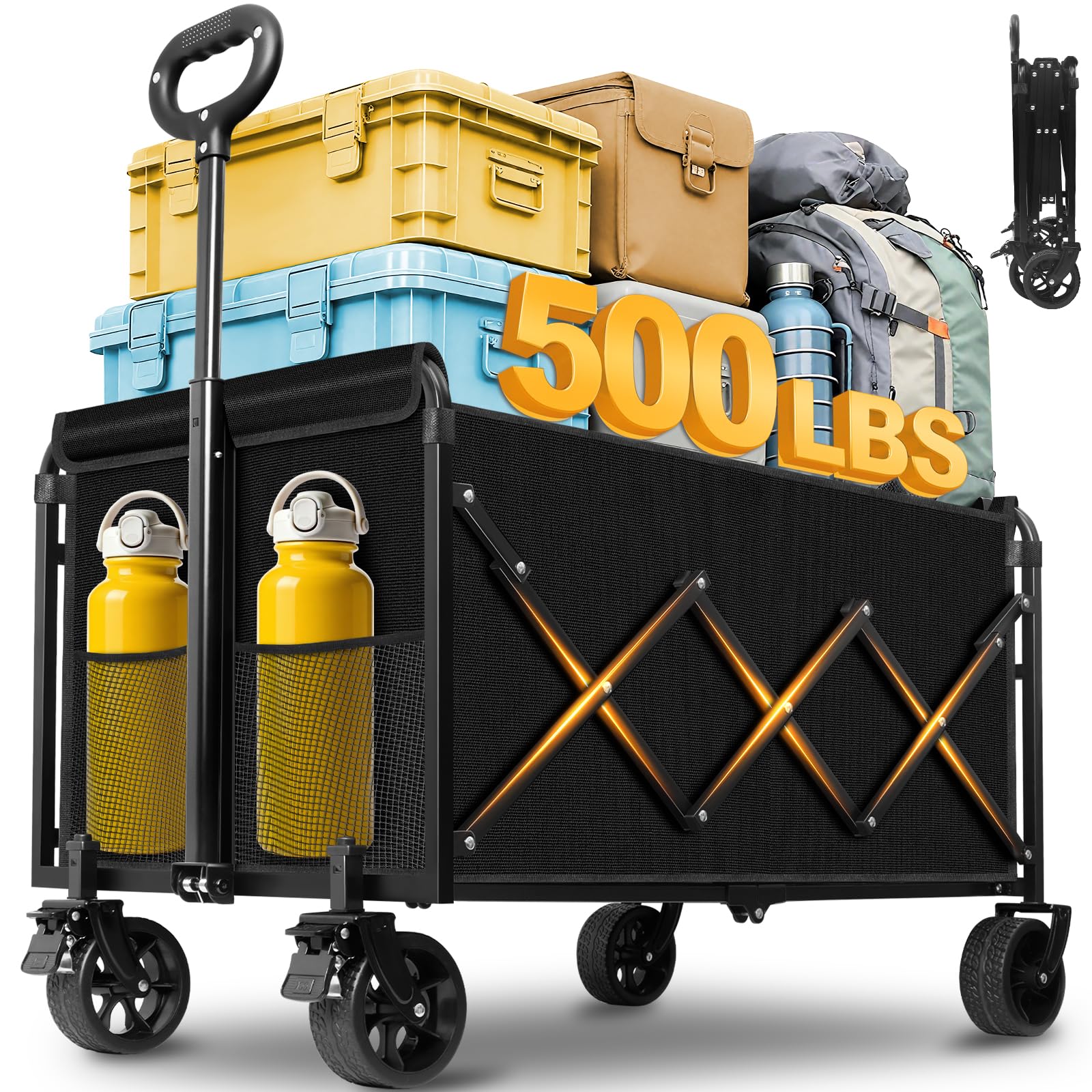 Yollber Wagons Carts Foldable,Large Capacity Foldable Wagon Cart Collapsible Wagon with Wheels & Drink Holders,Heavy Duty Utility Folding Cart for