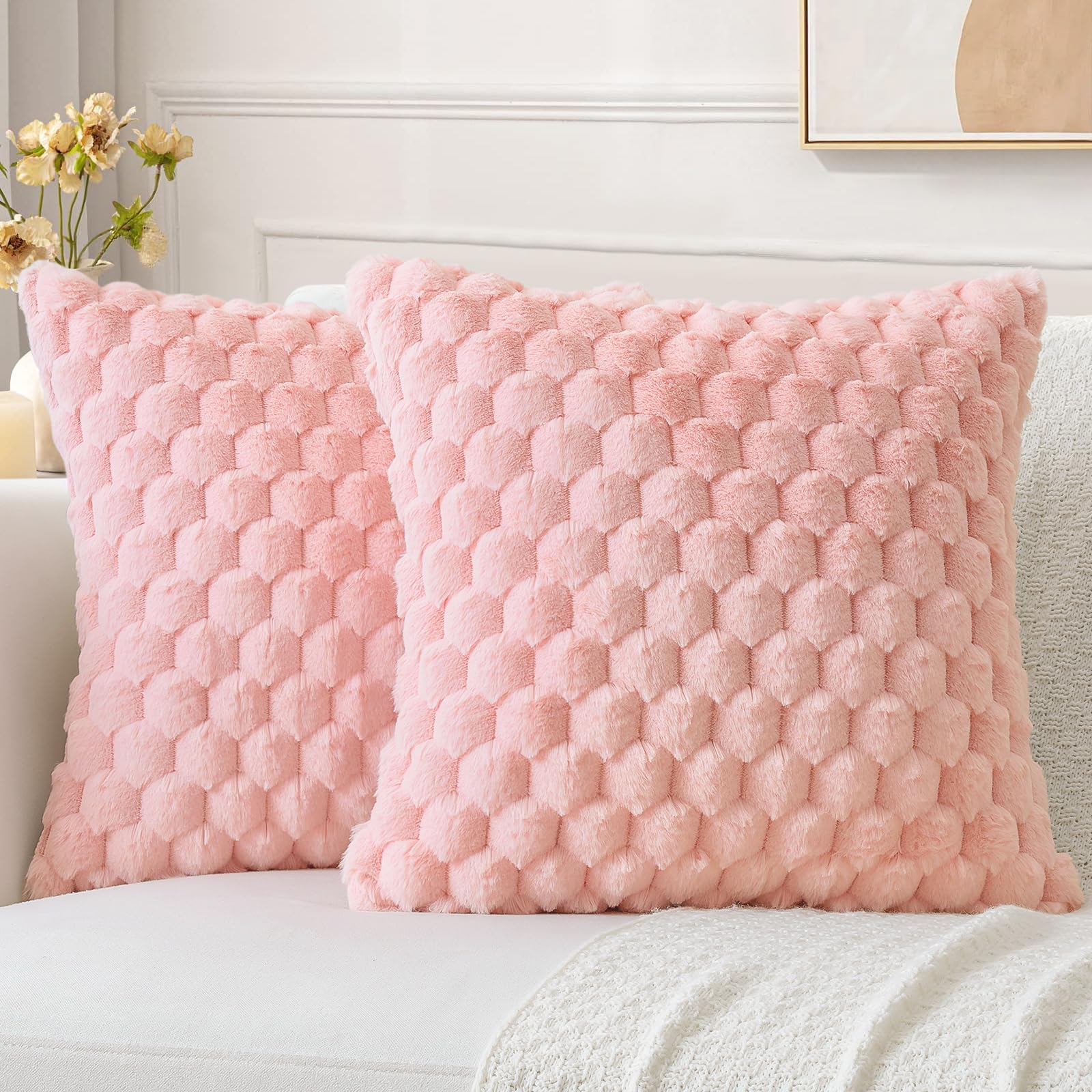 Sungeek Set of 2 Pink Fluffy Faux Fur Cushion Covers 45x45 cm, Soft Cozy Plush Velvet Decorative Throw Pillow Covers 18x18 Inch Square Pillowcases for Sofa Couch Bed Living Room — image 1