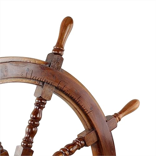 Miniatura 6 de Rueda de barco de madera de pirata náutico con diseño floral tallado a mano grabado en todo el perímetro  Escultura colgante y decoración  Ideas de