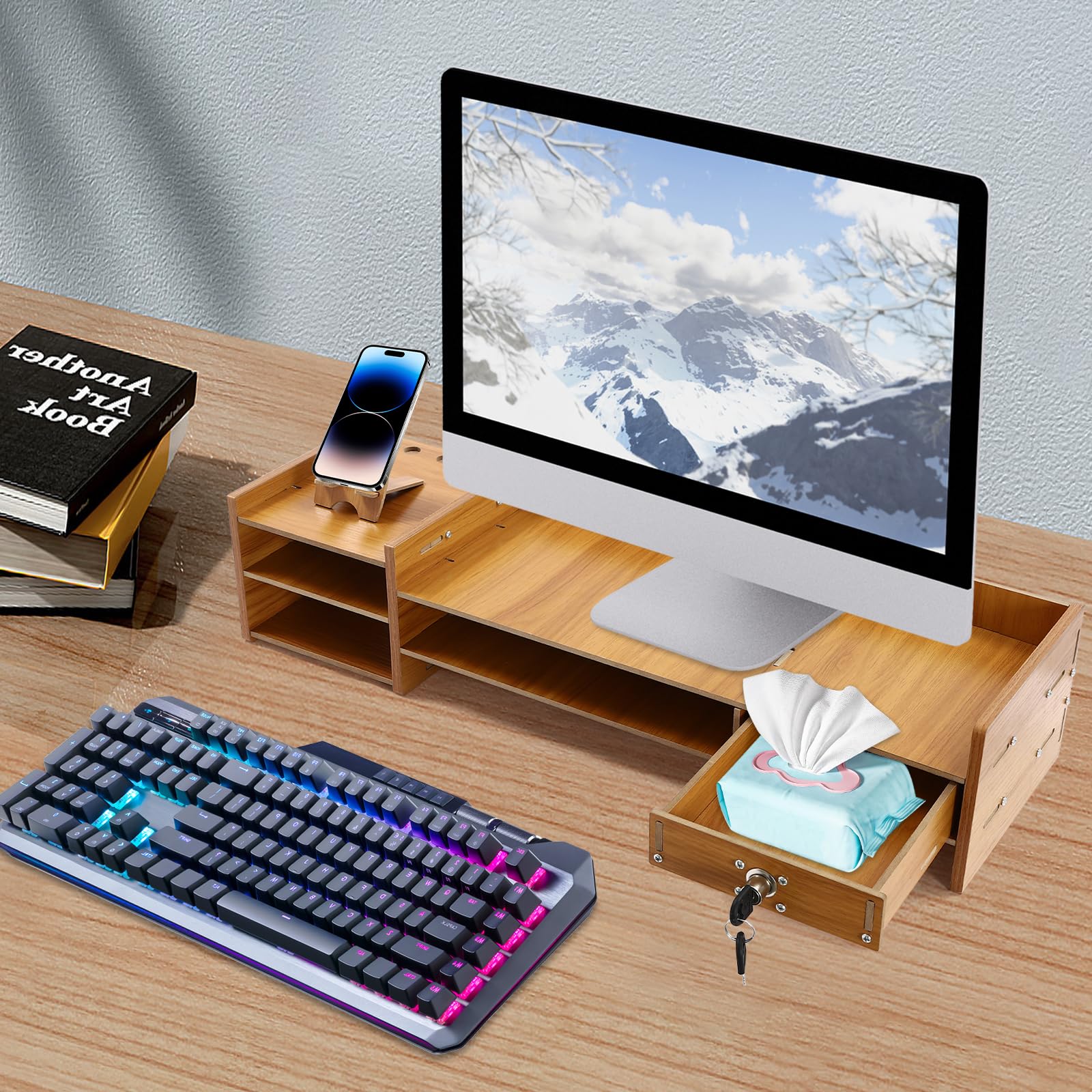 Ikee Design Wooden 2-Tier Monitor Stand With Drawer - 16.5"W X 10.25"D X 5.125"H, Desk Organizer For Laptop, Computer, TV (White)