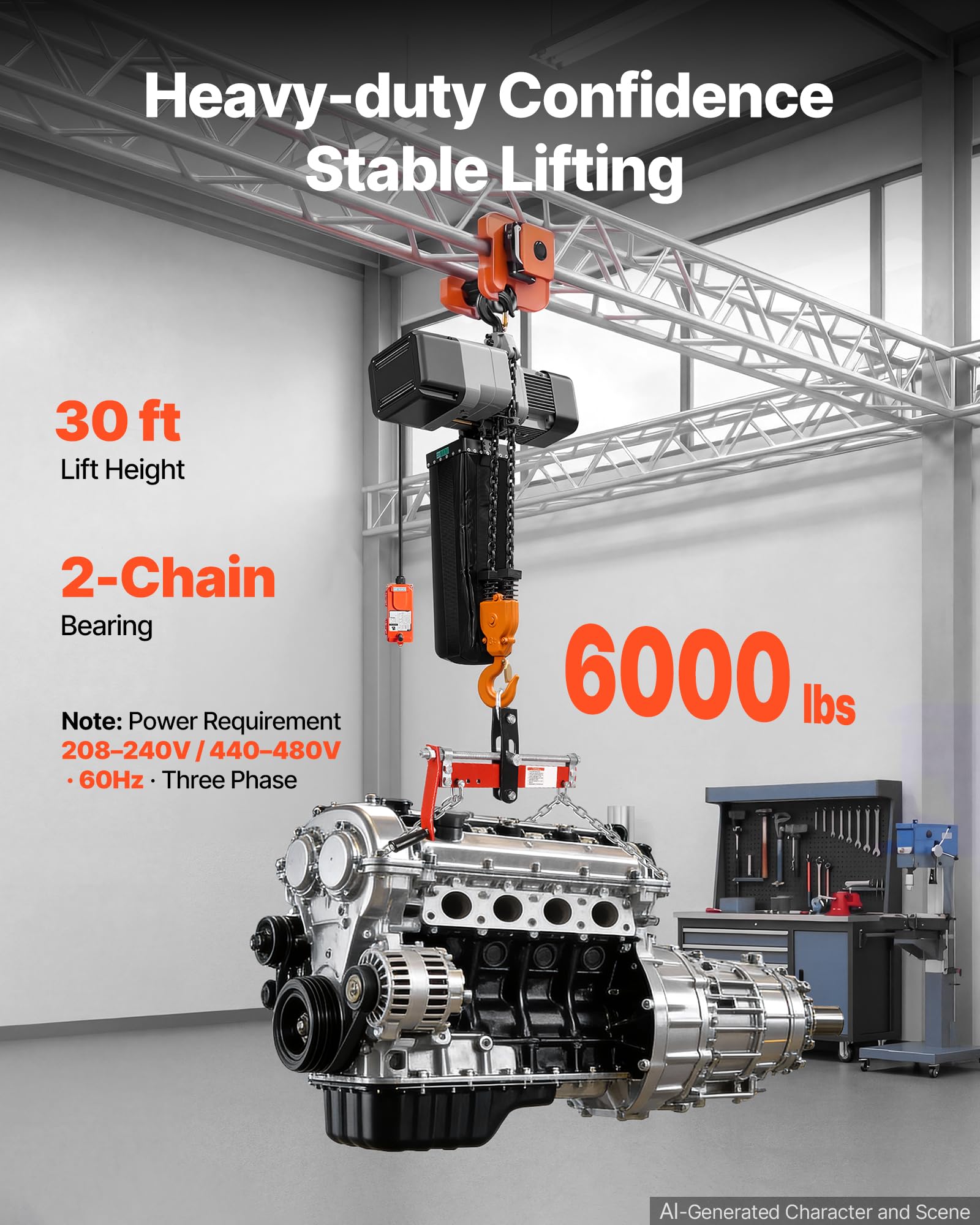 VEVOR Paranco Elettrico a Catena Fisso da 2721 kg, Paranco a Catena Doppia G100, Altezza di Sollevamento 9,1 m, con Telecomando Wireless da 100 m e Telecomando Cablato da 8,2 m, Trifase per Fabbriche