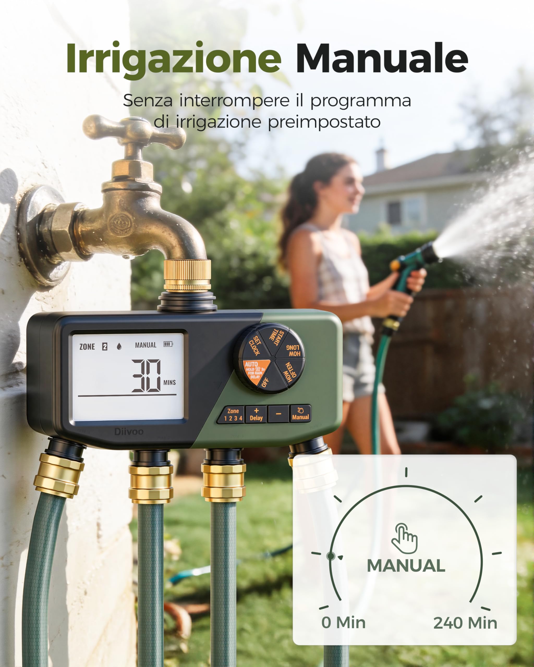 Diivoo IP68 Centralina Irrigazione 4 Zone con Ingresso in Ottone | Ampio Display LCD, Ritardo Pioggia, Irrigazione Manuale, Adatto per Prato e Giardino