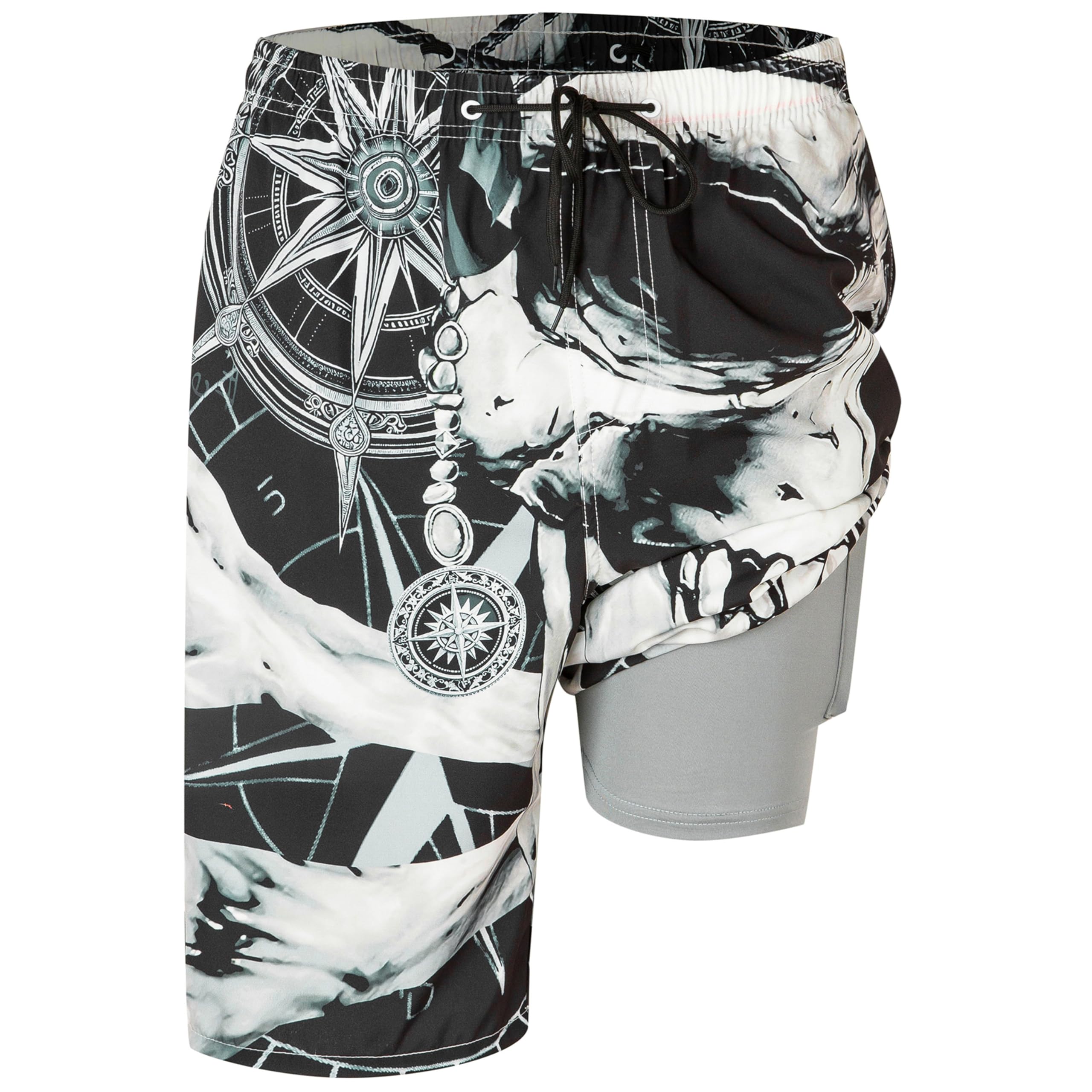 FT FENTENG Mens Swim Trunks with Compression Liner 9" Stretch Board Shorts 2 in 1 Quick Dry Swimwear Bathing Suits