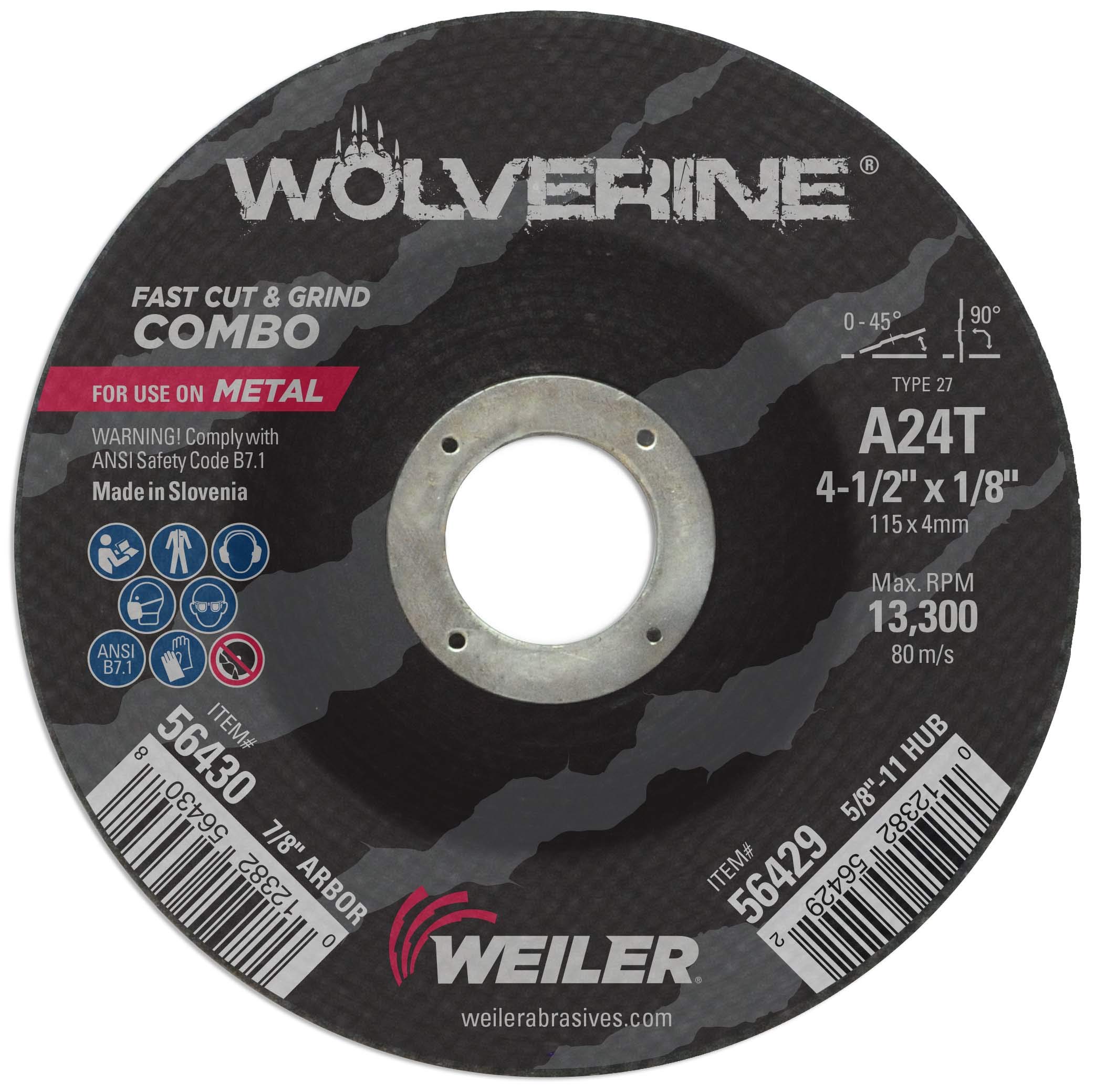 Weiler 56430 4 1/2" x 1/8" Wolverine Type 27 Cut and Grind Combo Wheel, A24T, 7/8" AH, Aluminum Oxide, 4.5" Diameter (Pack of 25)