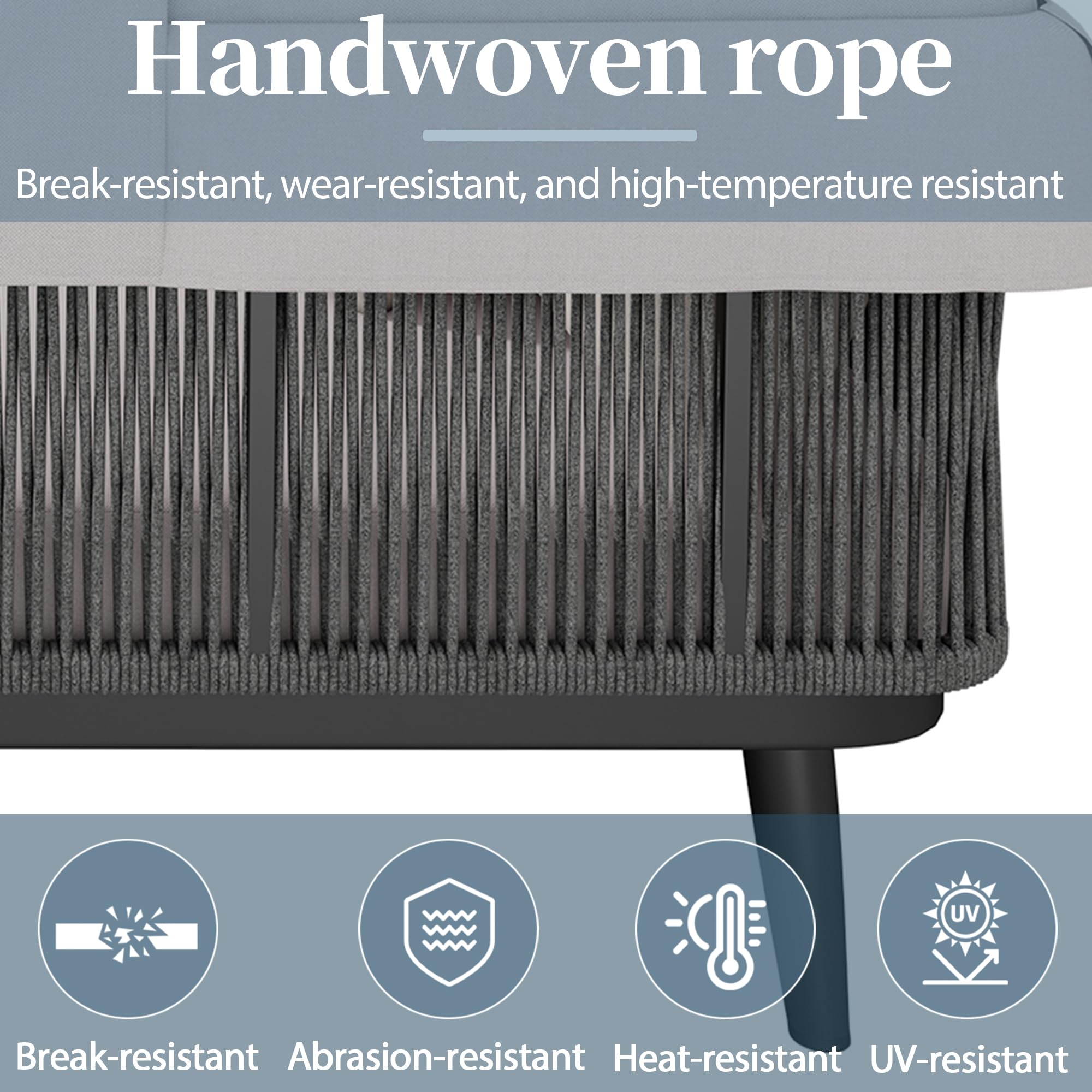 Gartenmöbel für 2 Personen, Gartensofa, Loungesofa, Einziehbare Markise, Gestell aus verzinktem Stahl, 10 cm Dicke Kissen, Handgewebtes Seil, Grau