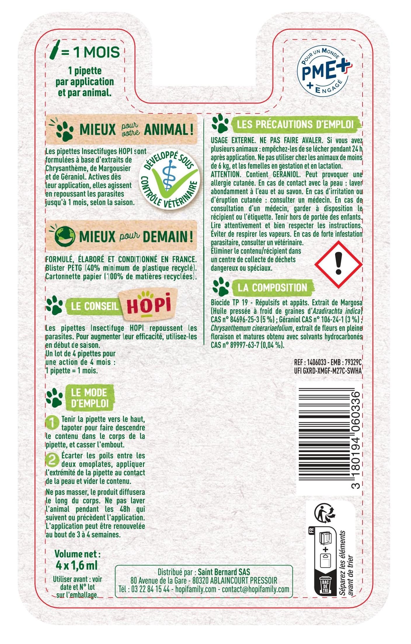 HOPI Pipette Anti Puces Chat de Plus de 6 kg - 4 Mois de Protection Contre Les Puces, Les Tiques et Les Moustiques - Extraits de Plantes - Pratique et Facile - Fabriqué en France