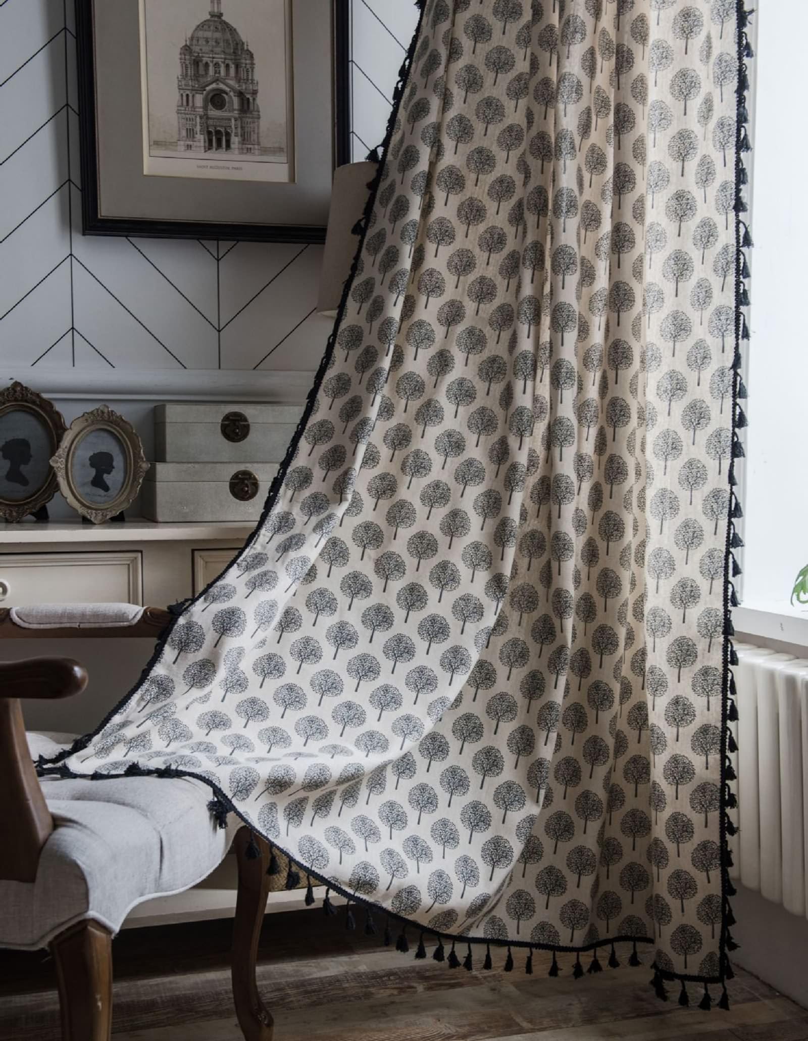 Rideau voilage non transparent en coton motif arbres vintage Beydodo 150x160cm à oeillets