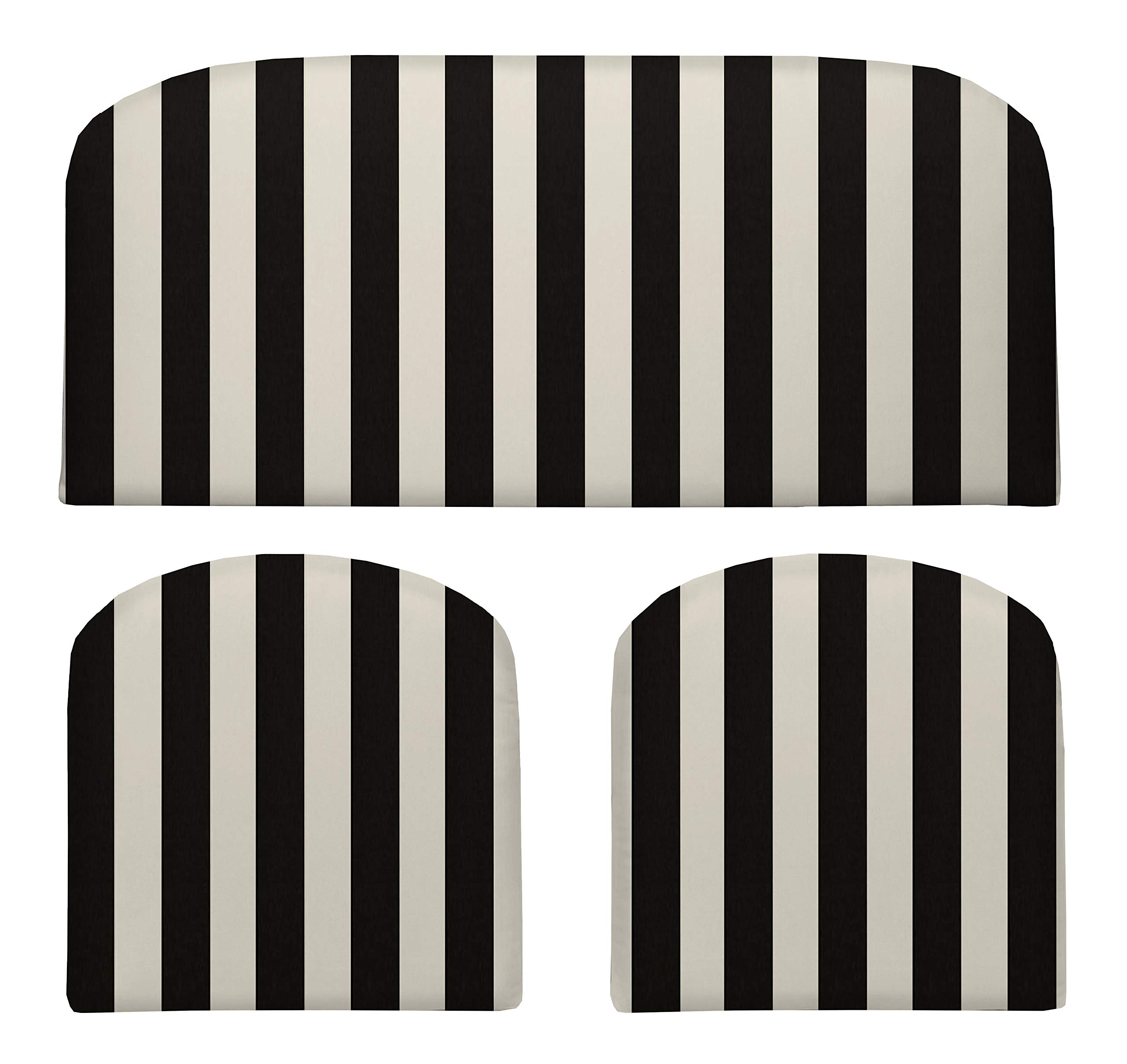 RSH DECOR: 3-Piece Foam Wicker Cushion Set | 41 x 19 & 19 x 19 | All-Weather Spun Fabric | Water-Resistant | Outdoor Loveseat & U-Shape Cushions for Patio Furniture | Black & White Stripe