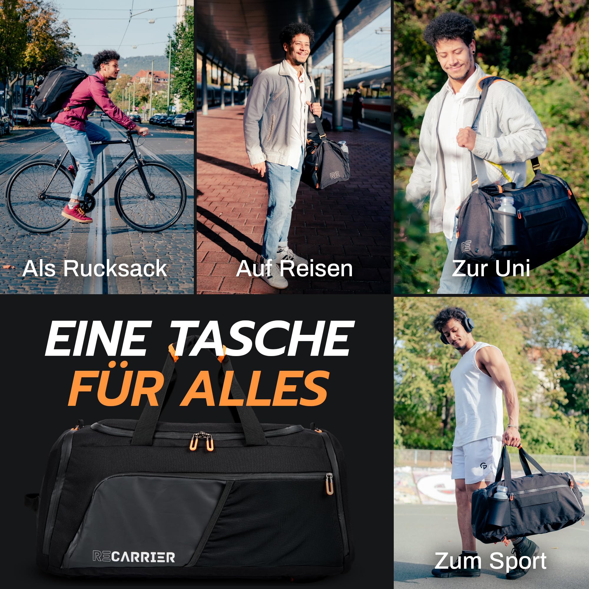 Sporttasche [RECYCELTES PET] 50L – Gym Bag und Rucksack in Einem – wasserdichte Trainingstasche Herren Damen – Sportrucksack mit Schuhfach Fitness, Reisetasche groß