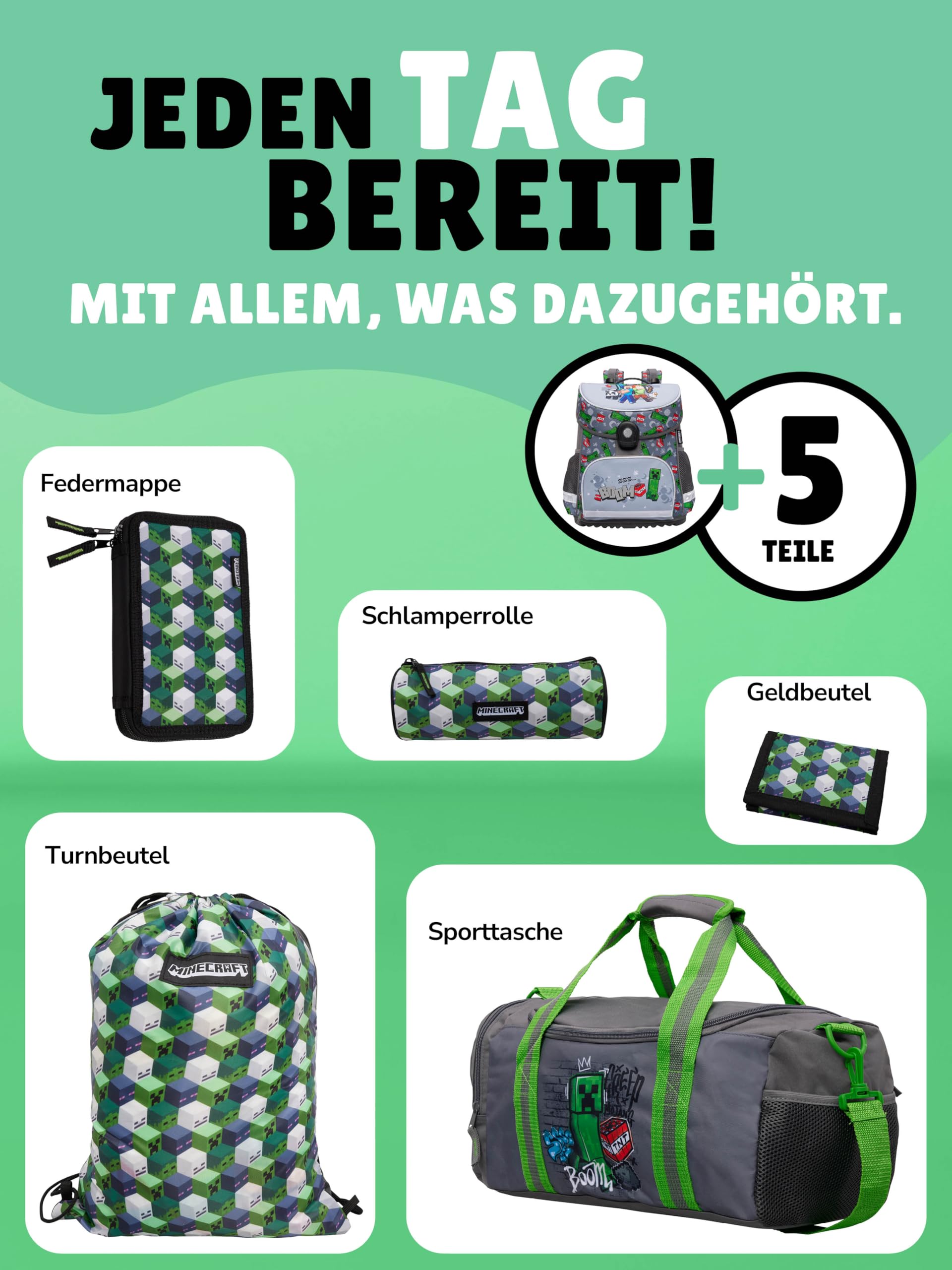 Familando - Schulranzen Set 6-teilig mit Federmappe - Minecraft - Ergonomisch, stabil & mit gepolstertem Rücken - 1250g leicht - 18L Volumen - Mit Reflektoren - Für Grundschule ab 1. Klasse