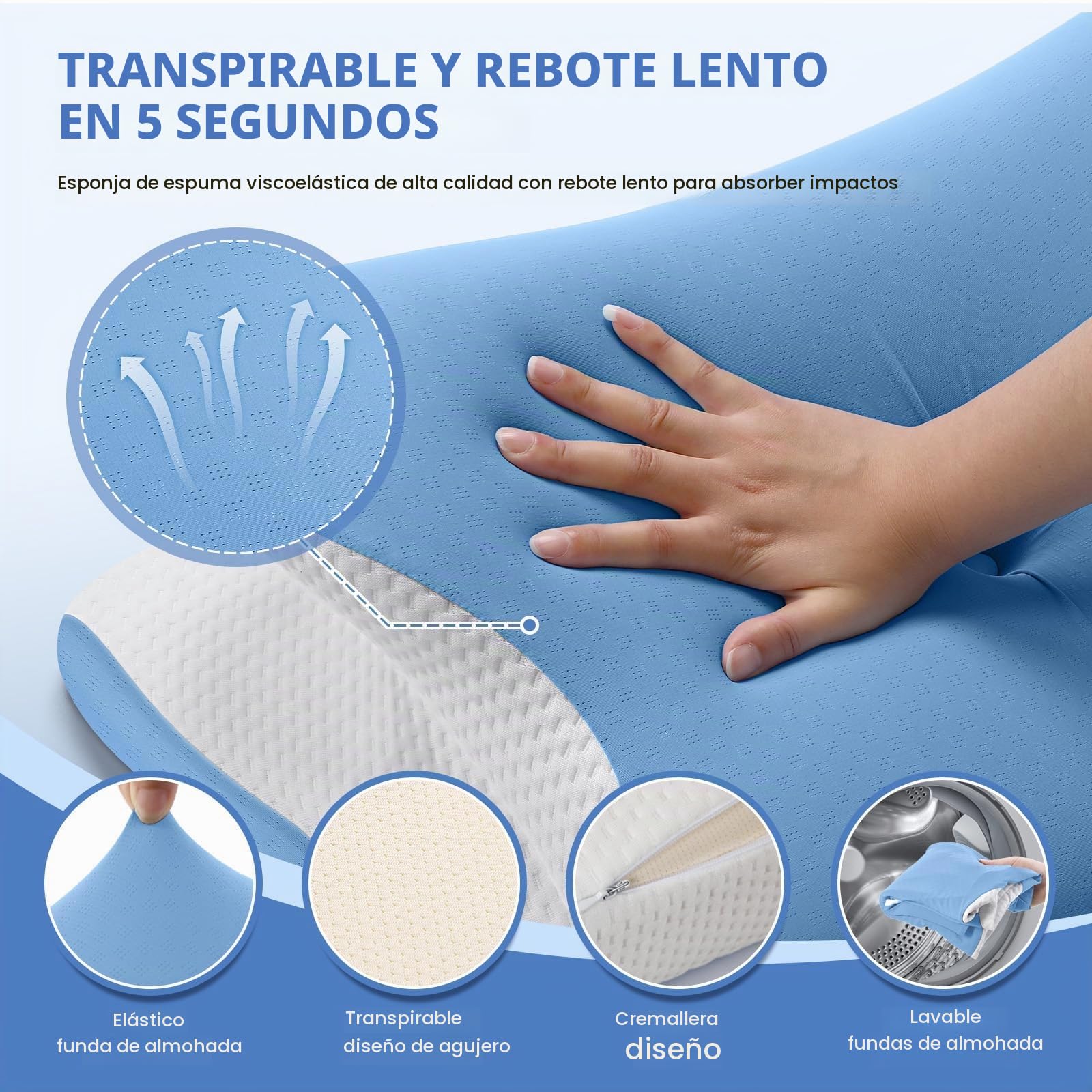 A-Pce Almohada Cervicales y Cuello Viscoelastica, 66x39x10/13cm, Azul | Viscoelástica, Funda Extraíble De Seda Fría, Efecto Refrescante, Transpirable, 2 Alturas, Para Dolor De Cuello y Hombros