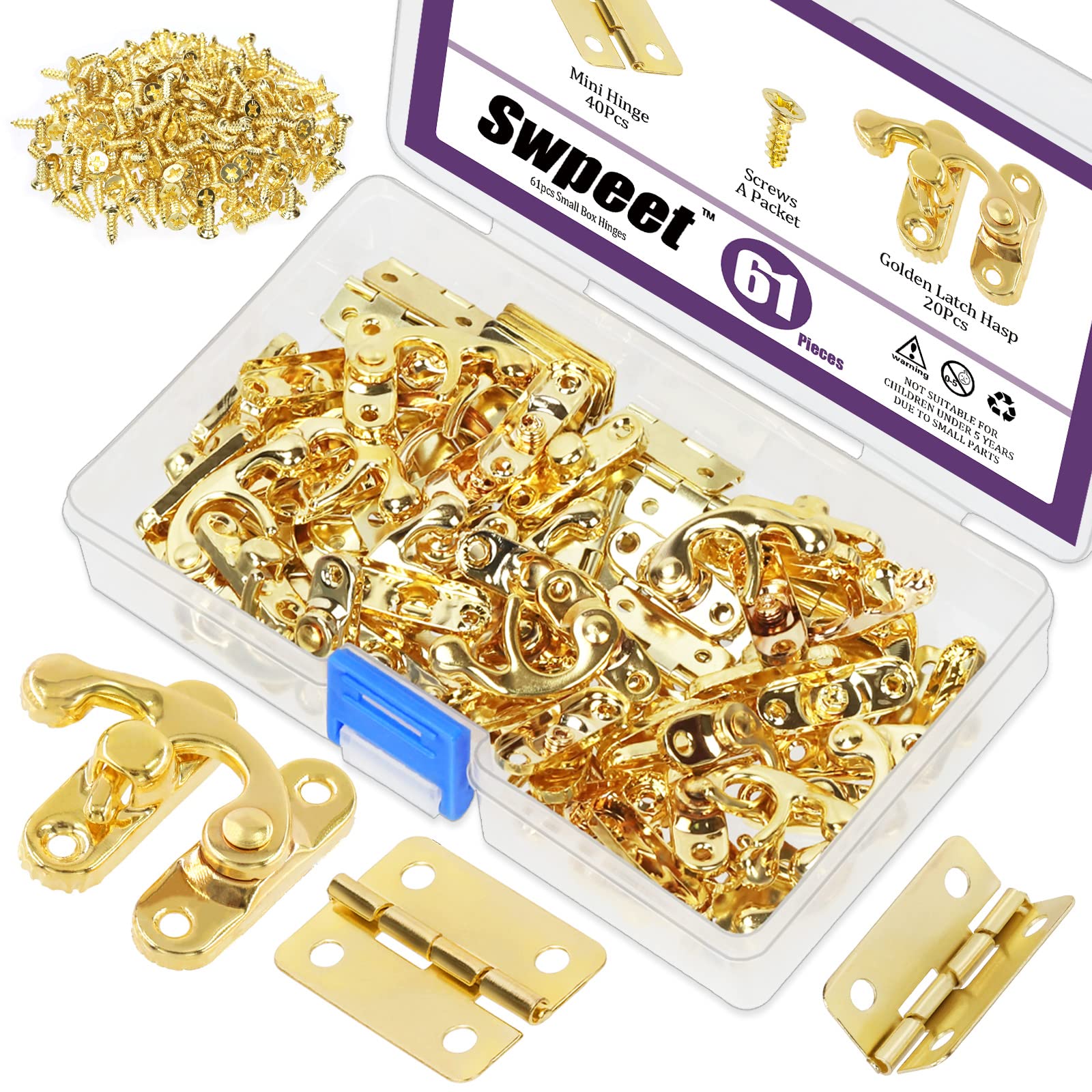 Swpeet 300Pcs Small Box Hinges Set, 20 Sets Gold Antique Right Latch Hook Hasp with 40Pcs Hinges and 240Pcs Replacement Screws, Hook Hasp Catch Decoration for Wood Jewelry Box
