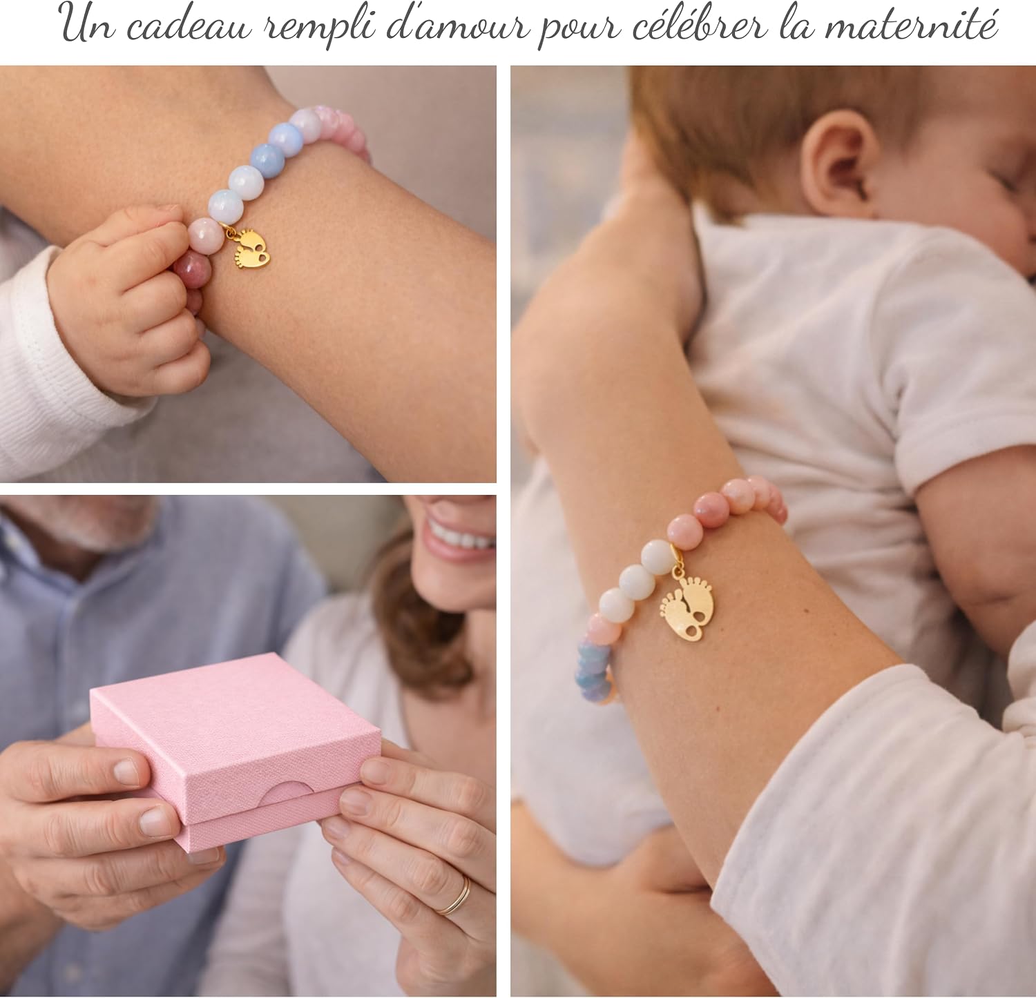 Bracelet pierres naturelles rhodonite quartz cadeau future maman