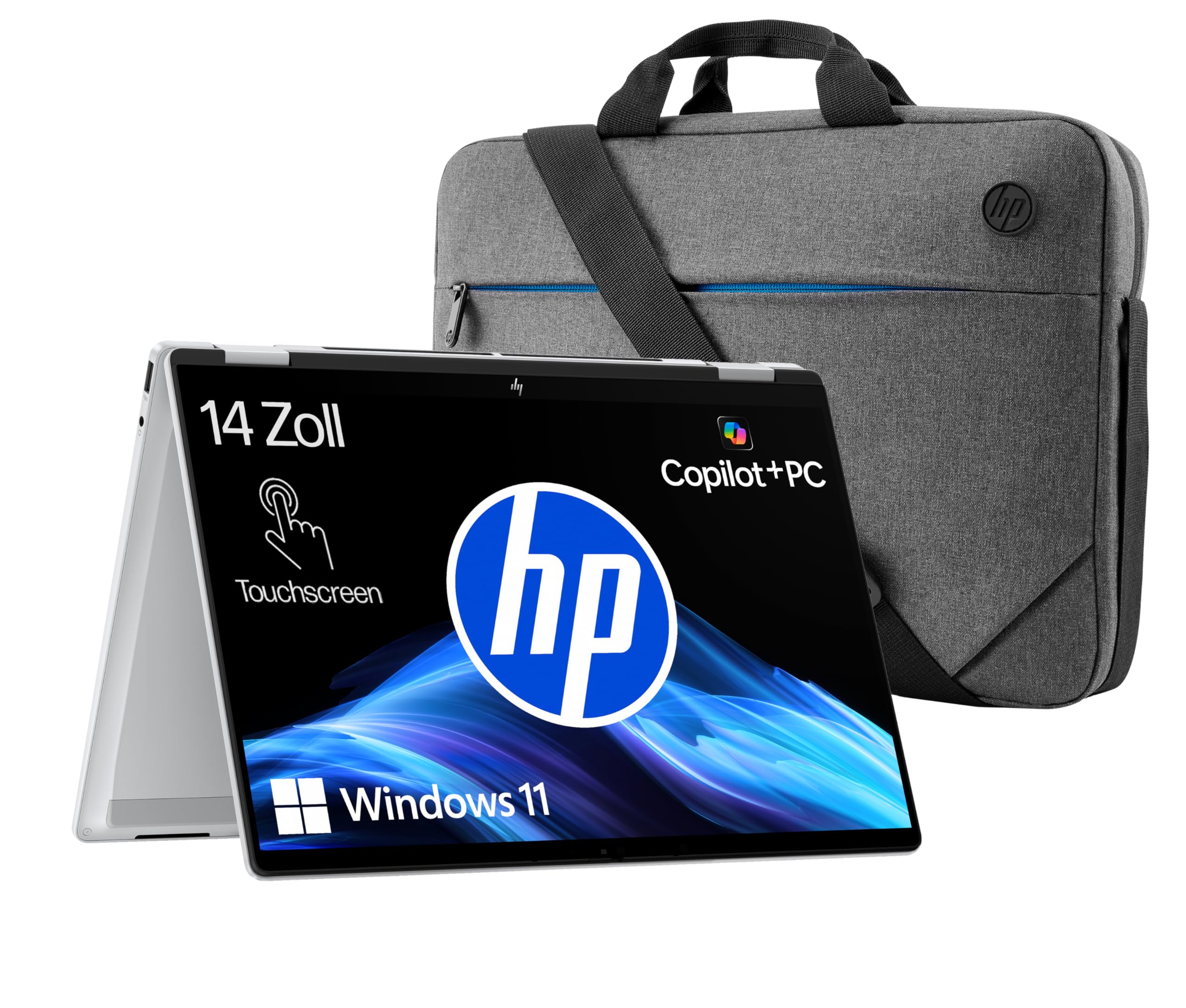 HP OmniBook X Flip 2 in 1 Next Gen AI Laptop, 14 Zoll WUXGA Touchscreen, Intel Core Ultra 5-226V 40 TOPS NPU für KI, Copilot+ PC, 16 GB RAM, 512 GB SSD, Win11, QWERTZ, Silber + HP Laptop-Tasche