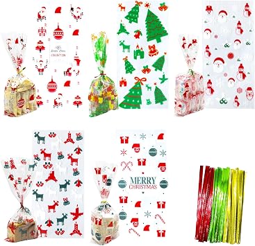 Hifunwu 150 pcs Christmas Cellophane Bags with Twist Ties for Cookie Candy Party Supplies