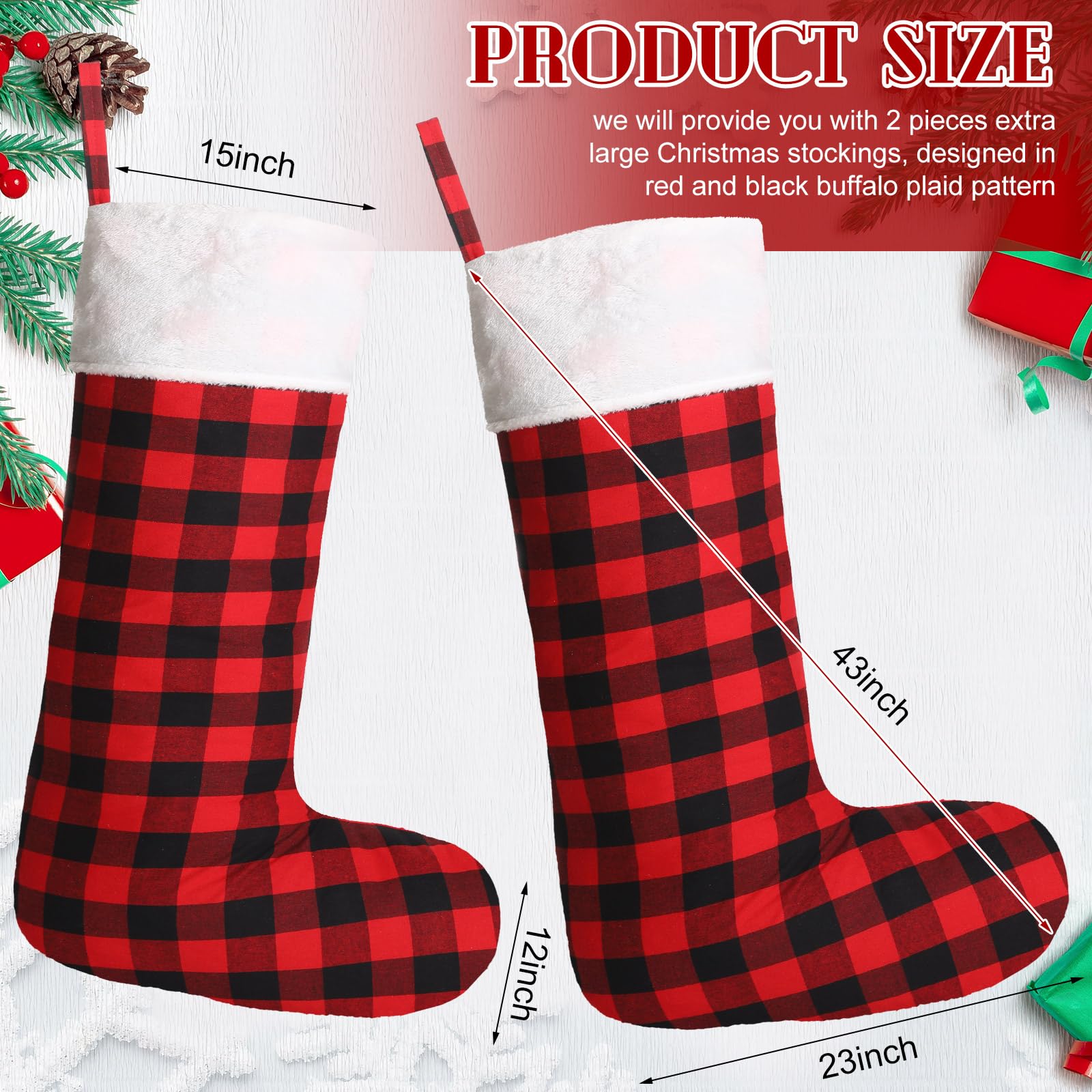 2 Stück 109,9 cm große Weihnachtsstrümpfe, extra groß, riesig, Büffelkariert, schwarz, rot, übergroßer Weihnachtsstrumpf für Familie, Kinder, Weihnachtsbaum, Party, Urlaubsdekoration (weißer Plüsch)