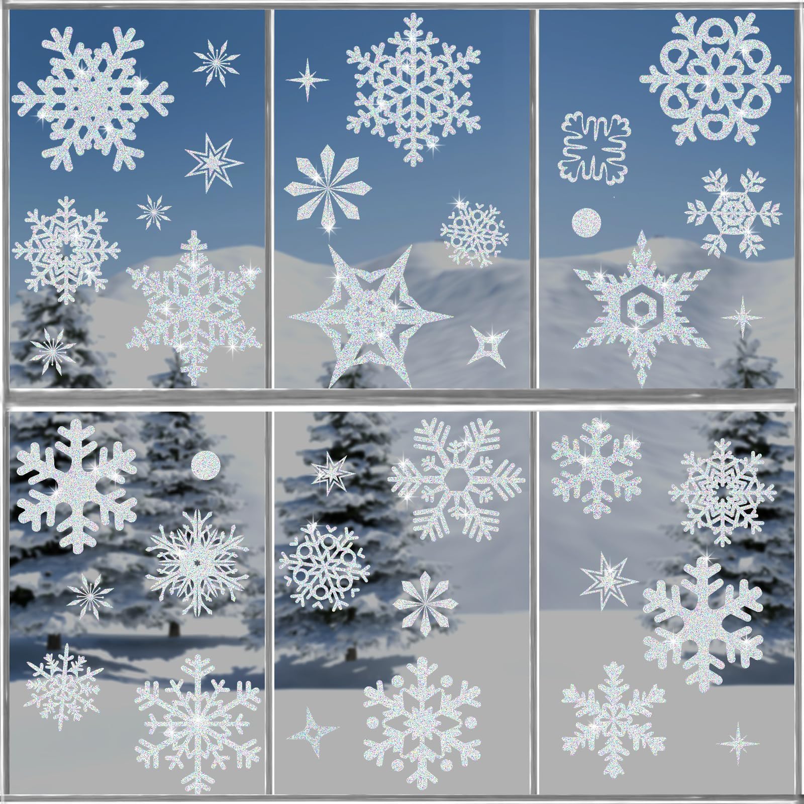 AhfuLife 93Pcs Glitter Snowflake Christmas Window Clings, Large Sliver Glitter Snowflake Window Decals for Christmas Decorations, Reusable Double Sided Xmas Stickers for Home Party Decorations