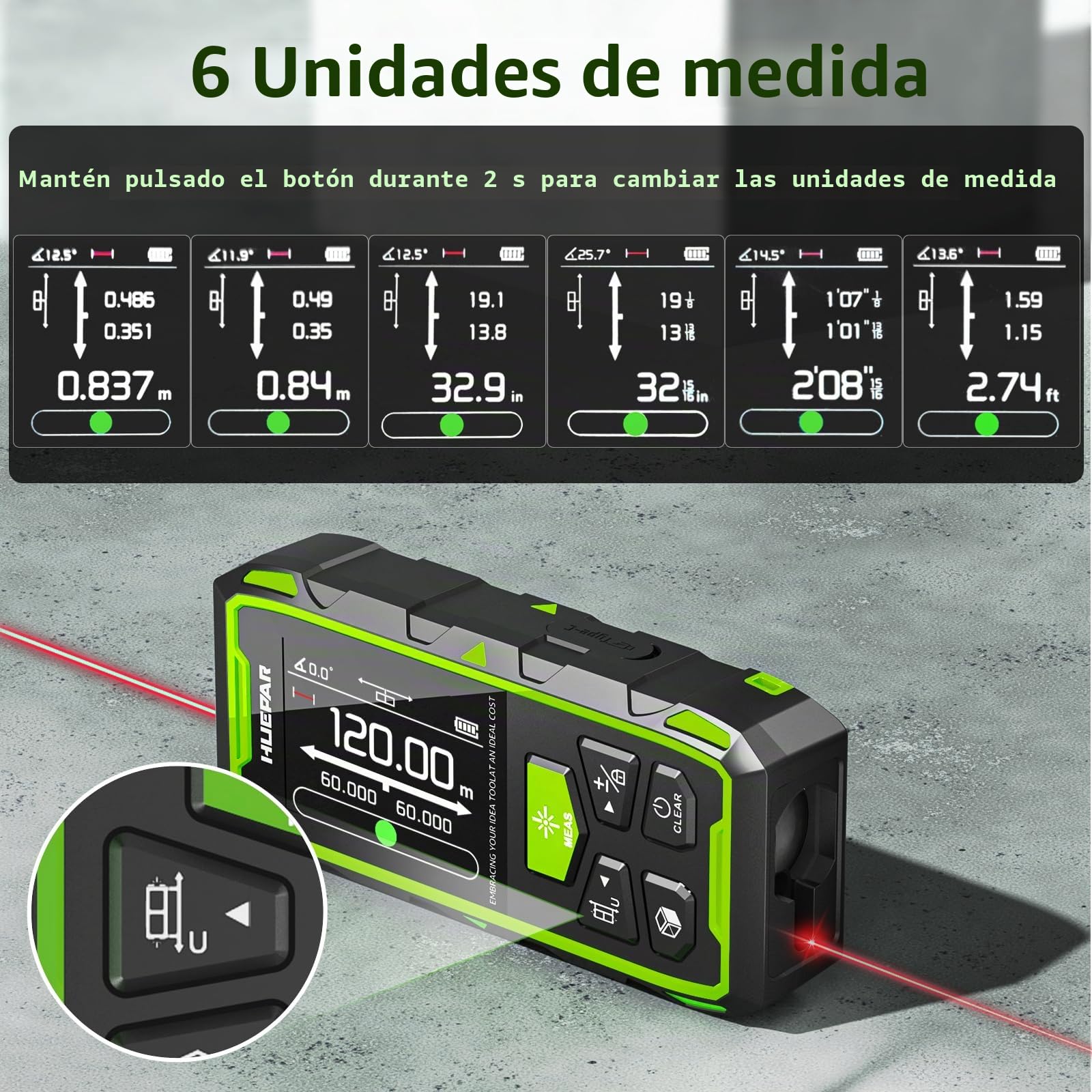 Telémetro Láser Bilateral, Huepar 120M Dispositivo de Medición con Láser Rojo, LCD retroiluminado, medición de Distancia, Superficie y Volumen y Modo pitagórico