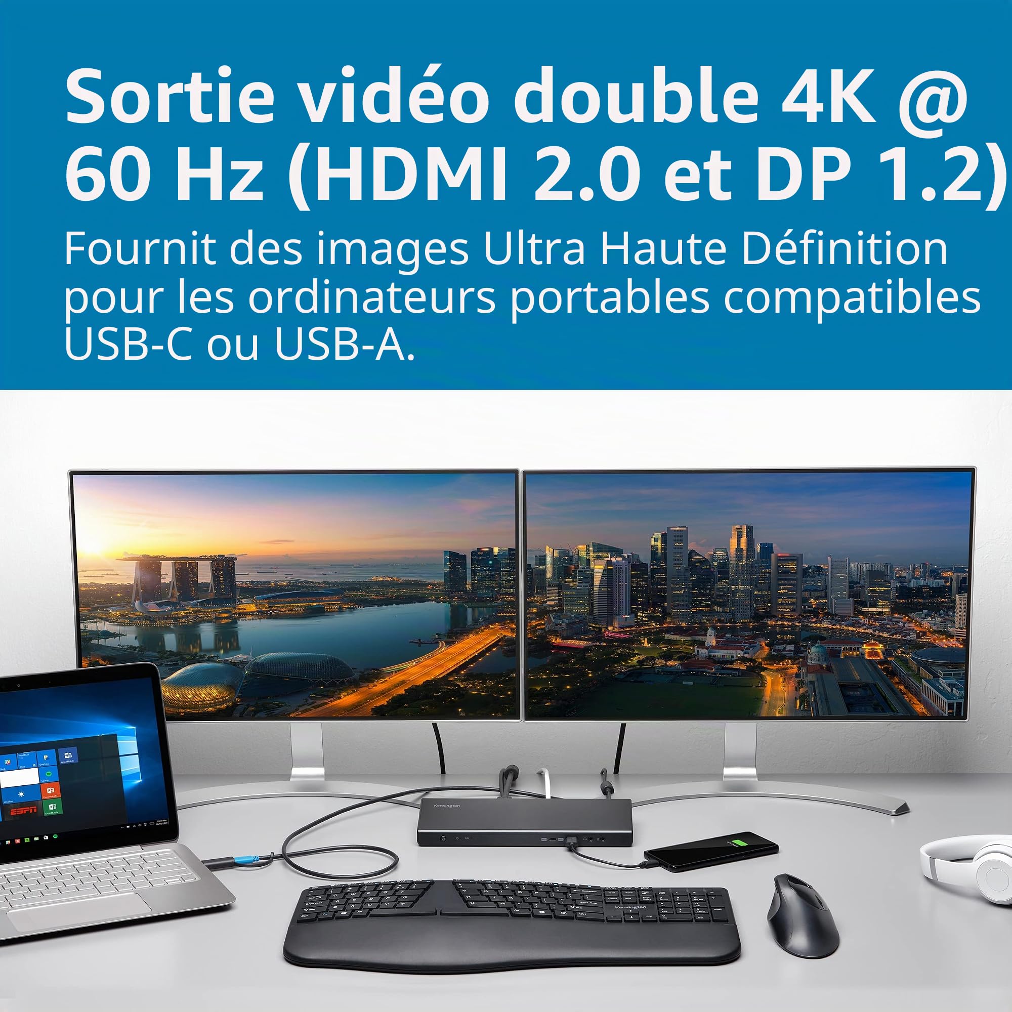Station d'accueil Kensington USB C & USB 3.0 - SD4750P USB-C & USB 3.0 Double station d'accueil 4K avec adaptateur 135W - DP & HDMI - Win/Mac (K39105EU)