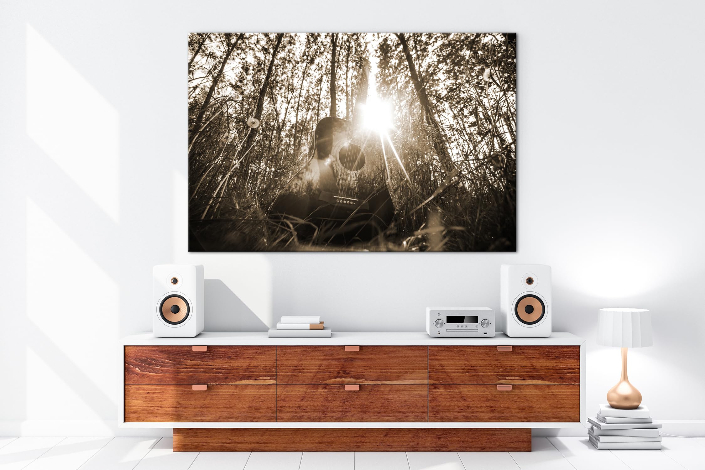 deyoli Chitarra acustica in formato foresta idilliaco: 90 x 60 cm, effetto: Seppia come tela, motivo già incorniciato su telaio in vero legno, stampa digitale di alta qualità con cornice