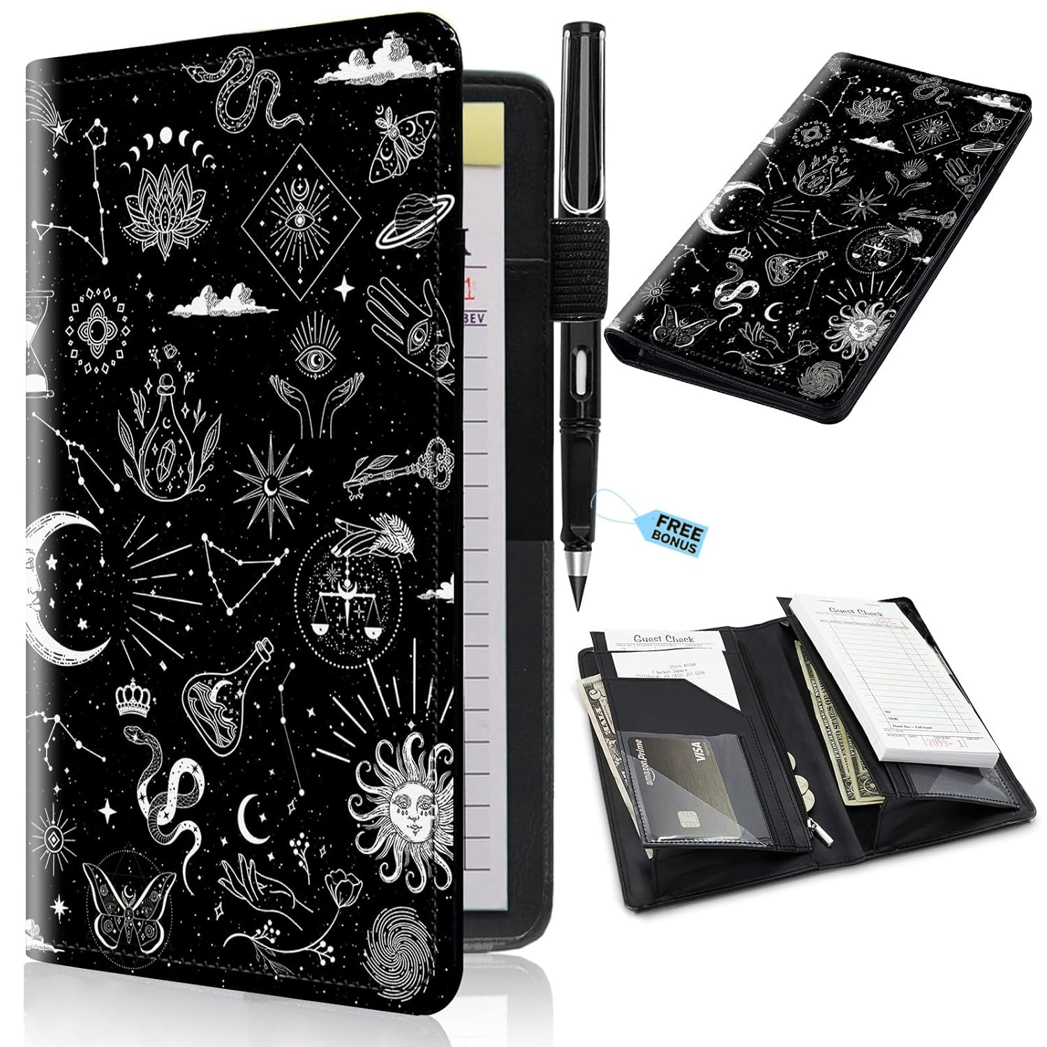 Server Books 2nd Gen, 5x9 Waitress Book Server Wallet with Expandable/Zipper Pockets, Cute Serving Book Server Note Pads Holder Restaurant Guest Check Presenter, Astrology Celestial Theme