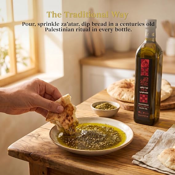 Al'Ard Palestinian Extra Virgin Olive Oil, 1L Cold Pressed Olive Oil from Palestine, Smooth Balanced Flavor, Premium EVOO, 33.8 Fl Oz Metal Tin