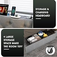 Vista 5 de Base de cama tamaño King con luces LED y estación de carga, plataforma tapizada con cabecera de almacenamiento y 4 cajones, soporte de listones