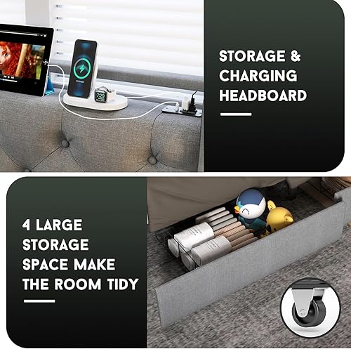 Miniatura 5 de Base de cama tamaño King con luces LED y estación de carga, plataforma tapizada con cabecera de almacenamiento y 4 cajones, soporte de listones de