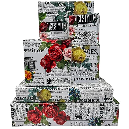 Dtiafu Vintage Newspaper Wrapping Paper Retro Floral Gift Wrap Paper - Rustic Wrapping Paper for Christmas Wedding Holiday - 20 x 28 Inch Per Sheet （6 Sheet）