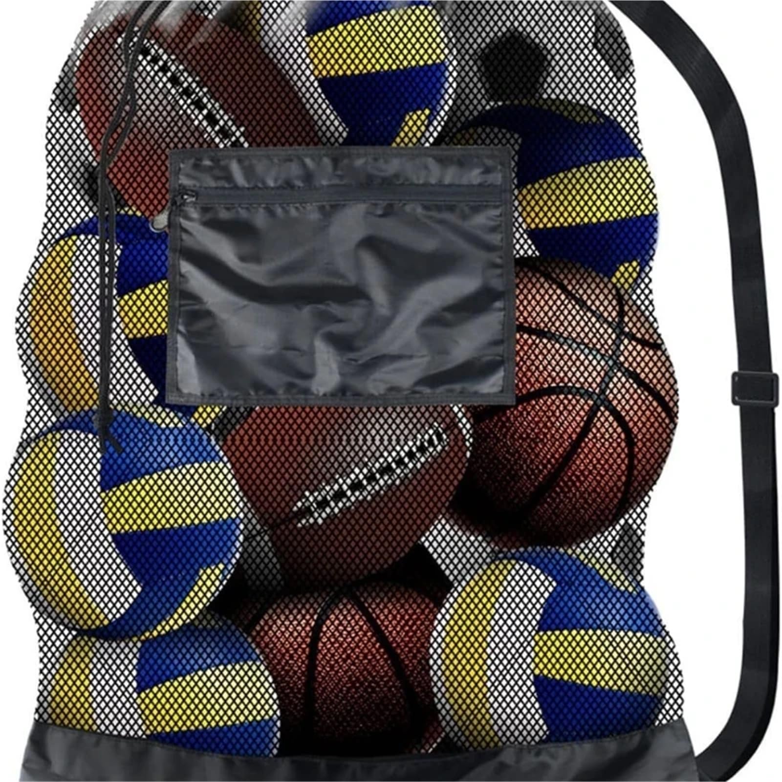 Borsa sportiva nera con coulisse, 2 pezzi, grande borsa a rete for palline, for riporre calcio, basket, pallavolo e allenamento, tracolle per Palla