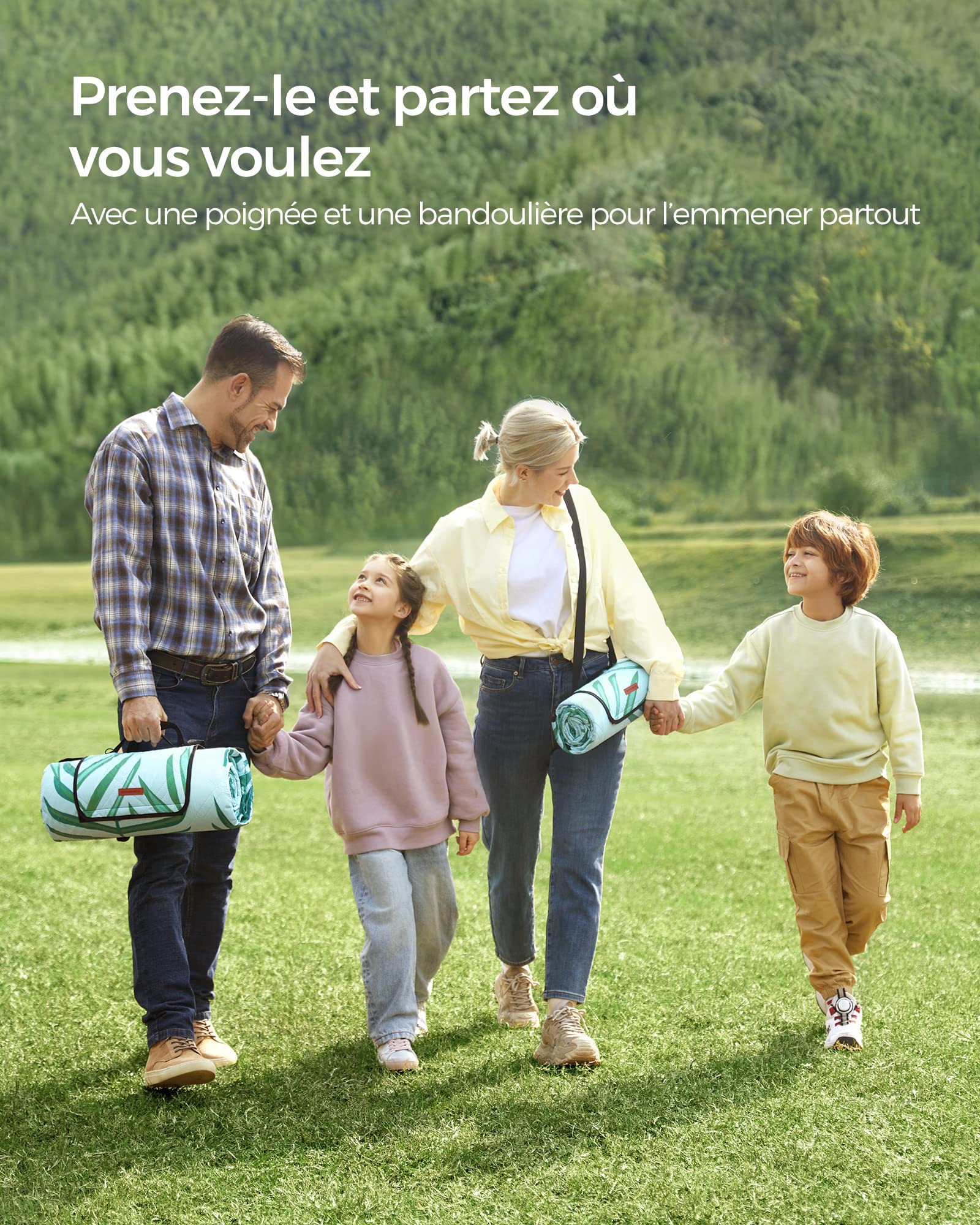 SONGMICS Couverture de Pique-Nique, 300 x 200 cm, Grand Tapis, pour Camping, Parc, Jardin, Plage, Hydrofuge, Lavable en Machine, Pliable, Motif Fougère et Bleu Clair GCM001Q03