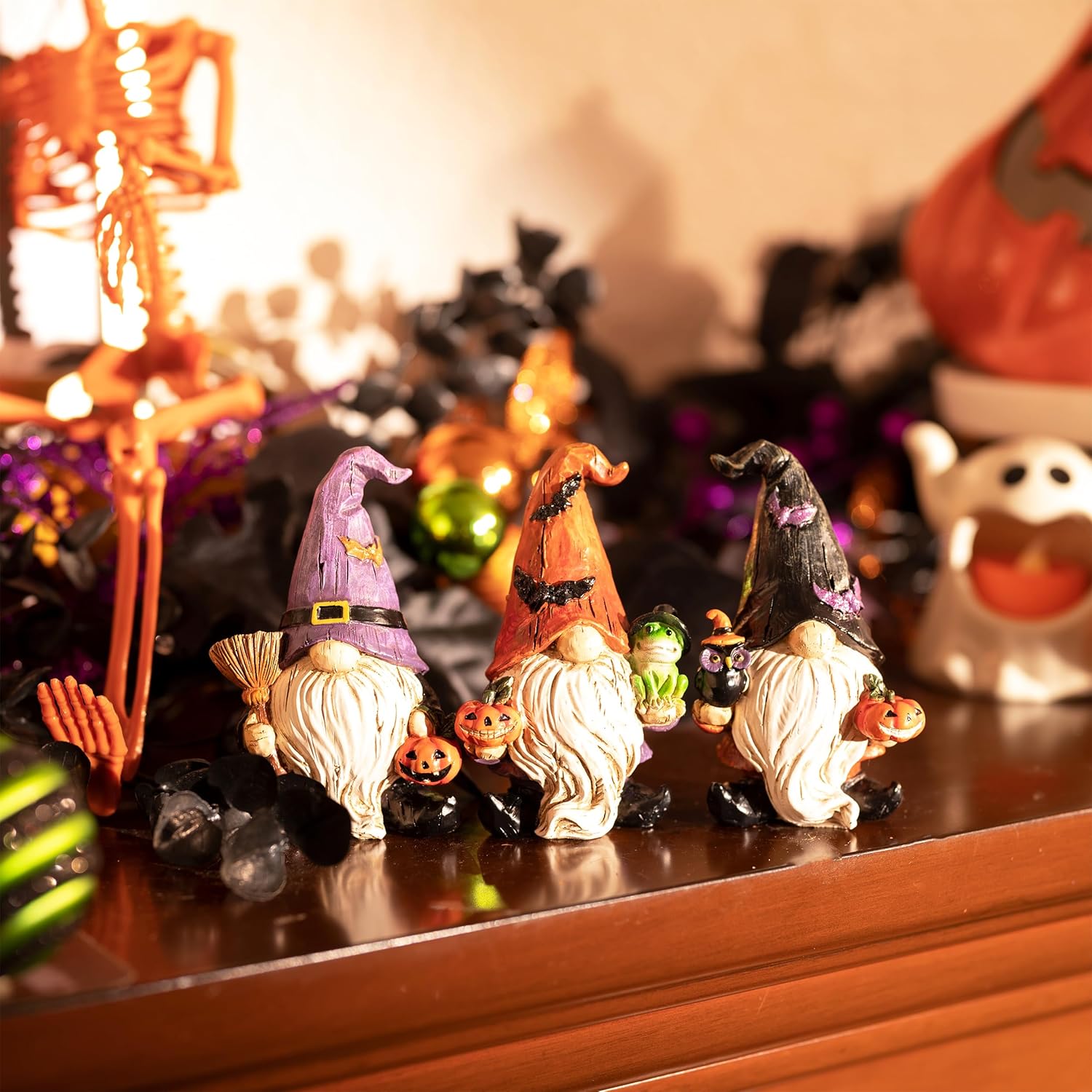 Valery Madelyn Gnomes Halloween Decorations Indoor, 3 Pcs Resin Gnome Decor for Home with Bat Witch Hat, Halloween Figurines Elf Dwarf with Broom Jack O Lantern for Table Tiered Tray Outdoor, 3.6"