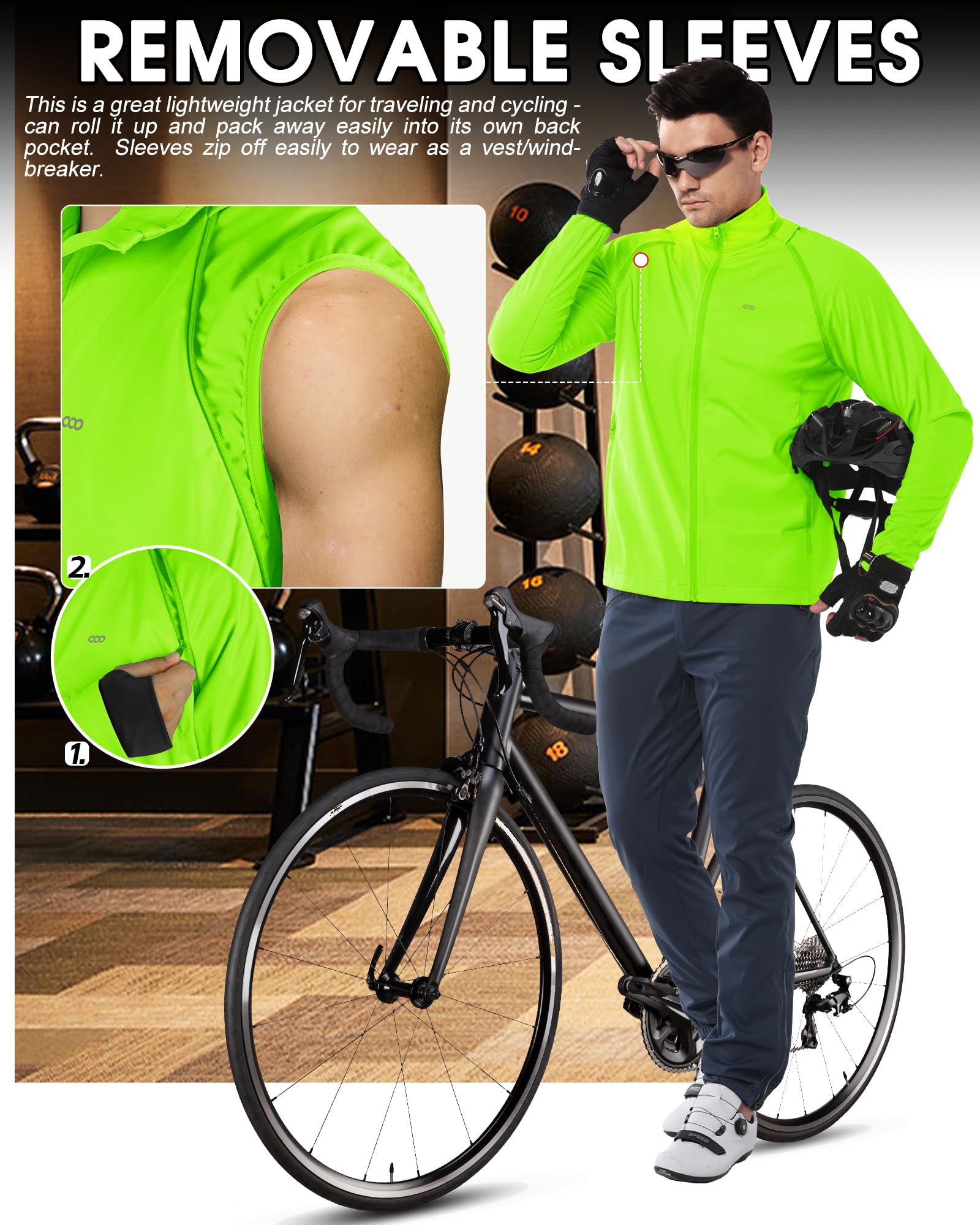 33,000ft Giacca da ciclismo da uomo, impermeabile, traspirante, protezione UV, leggera, con maniche rimovibili, riflettente, giacca da corsa da uomo