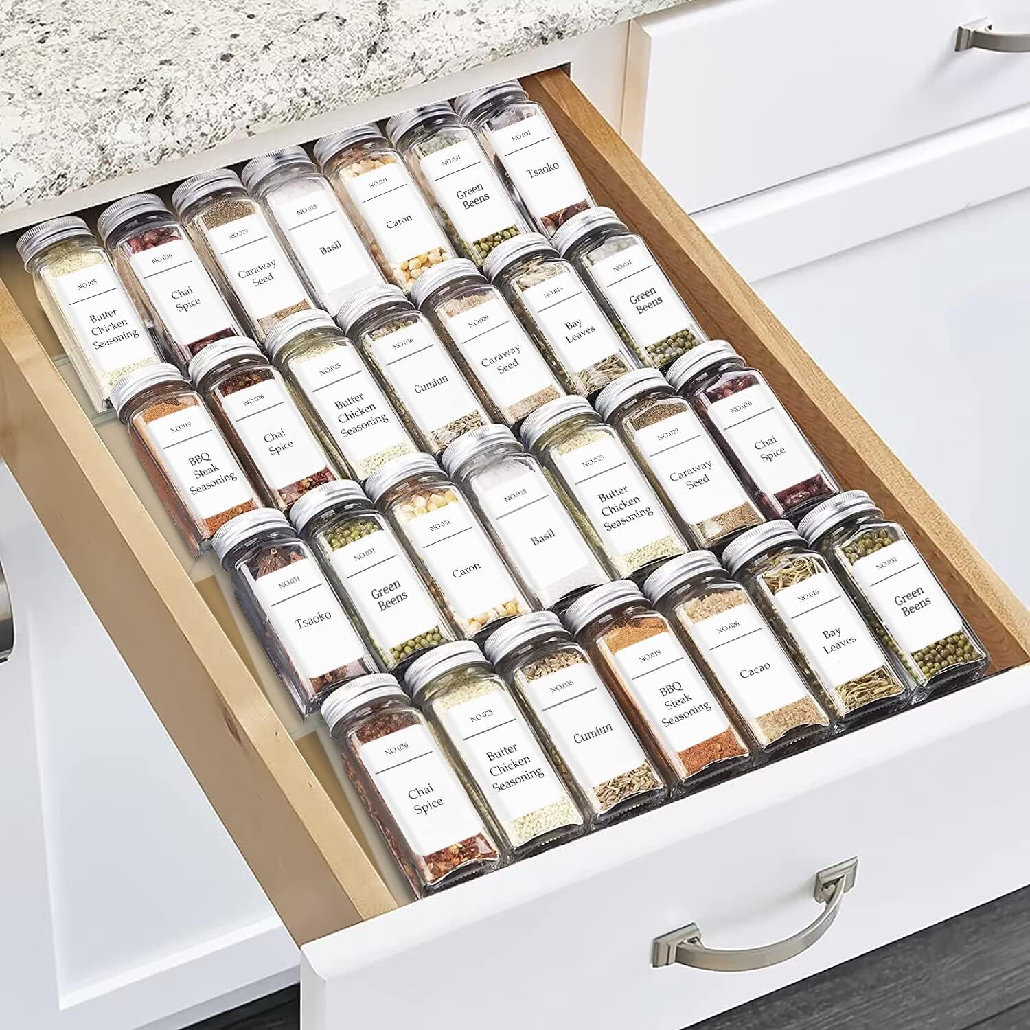 11" Spice Drawer Organizer, 4 Tier Clear Acrylic Seasoning Jars Drawer Insert, Kitchen Drawer Spice Rack Tray for Cabinet/Countertop