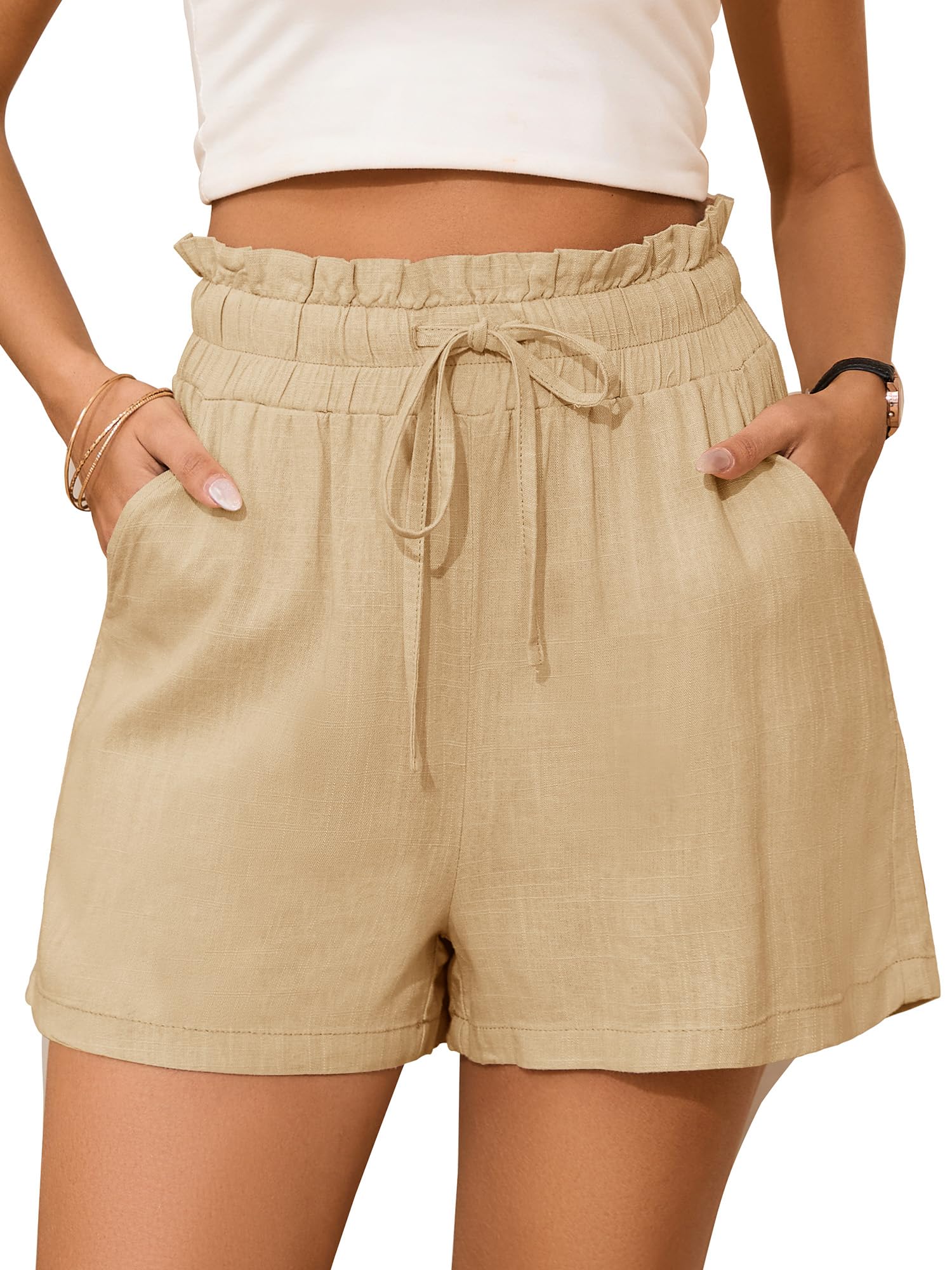 StylSense Kurze Hose Damen Sommer Leinen Musselin Bermuda Shorts Baumwolle High Waist mit Gummizug und Taschen