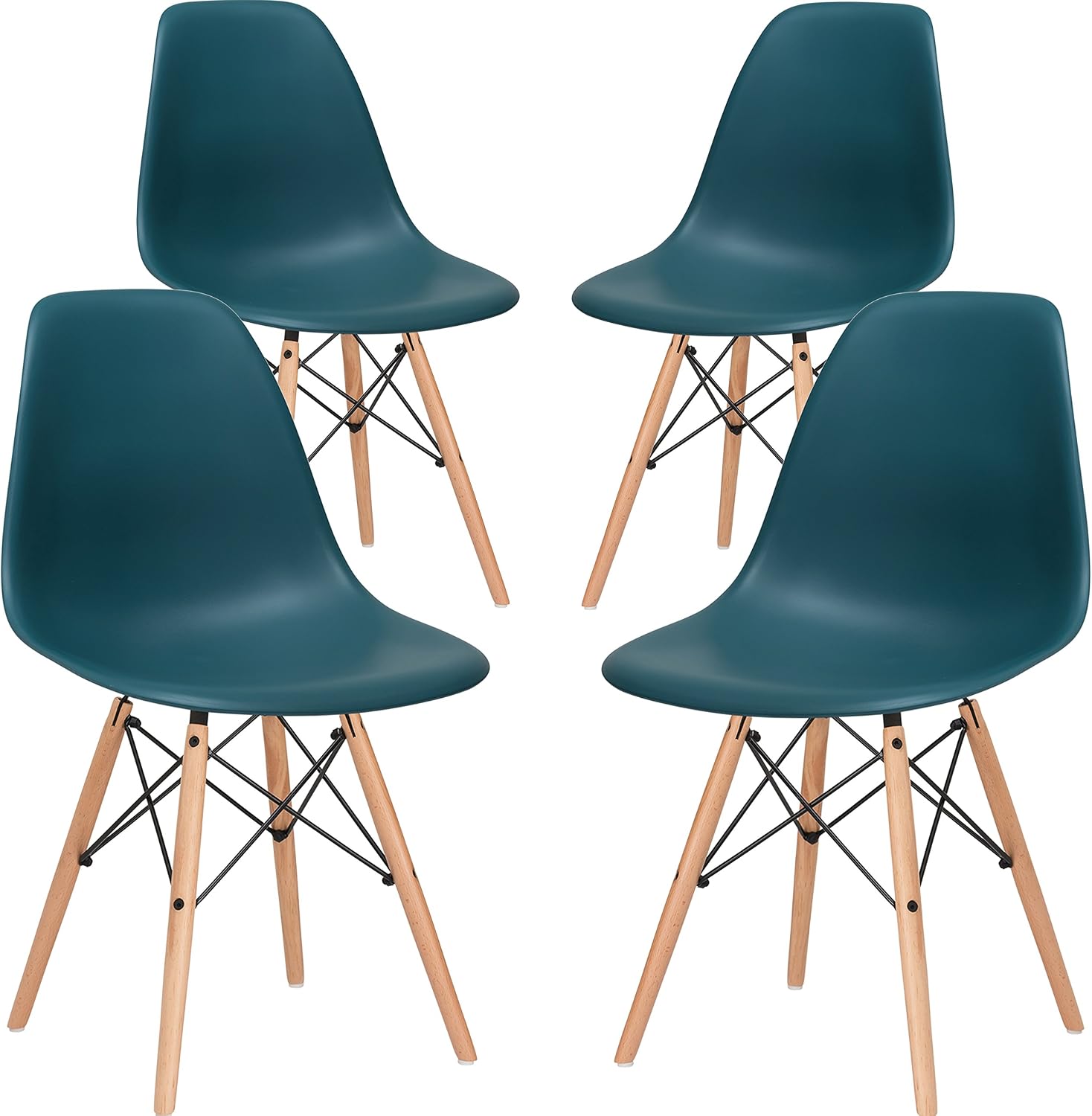 EdgeMod Modern Mid-Century Side Chair with Natural Wood Legs for Kitchen, Living Room and Dining Room, Teal (Set of 4)